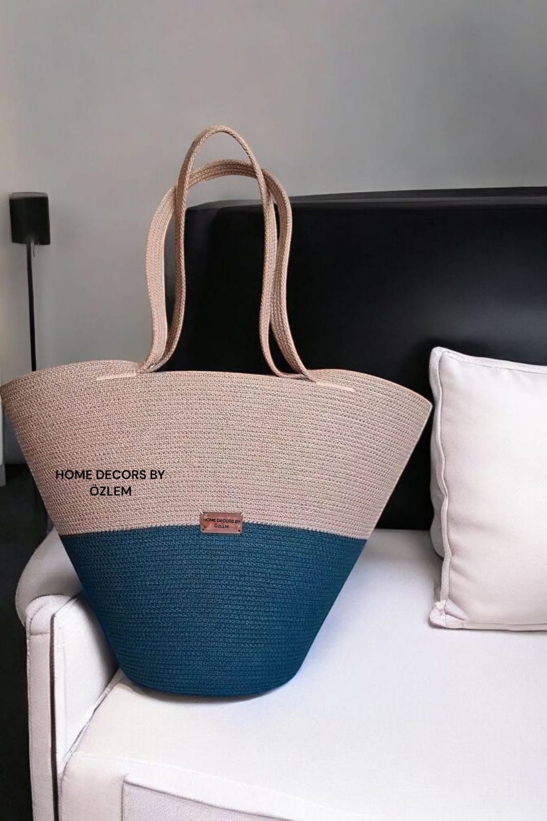 Koyu Yeşil Bej Omuz Çantası Plaj Çantası Günlük Çanta Hasır Çanta El Emeği Handmade - 40~42x30cm