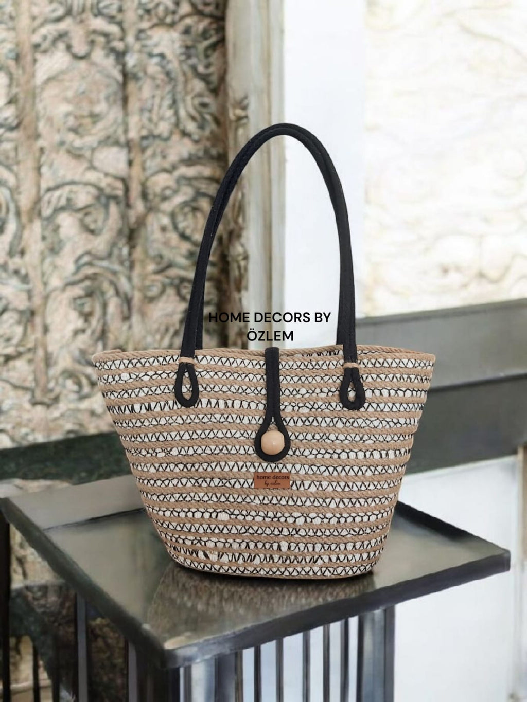 Siyah Hasır Degrade Midi Boy El Kol Çantası Plaj Çantası Günlük Çanta Hasır Çanta El Emeği Handmade - 20x35cm