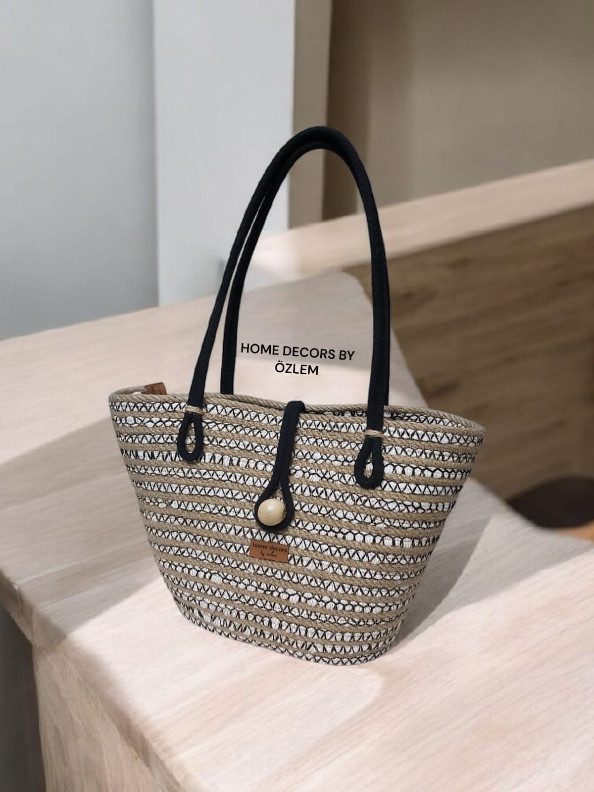 Siyah Hasır Degrade Midi Boy El Kol Çantası Plaj Çantası Günlük Çanta Hasır Çanta El Emeği Handmade - 20x35cm