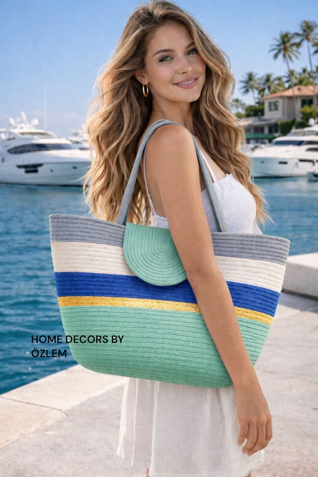 Mint Yeşili Gold Saks Mavisi Gri Omuz Çantası Plaj Çantası Günlük Çanta Hasır Çanta El Emeği Handmade - 40~42x30cm