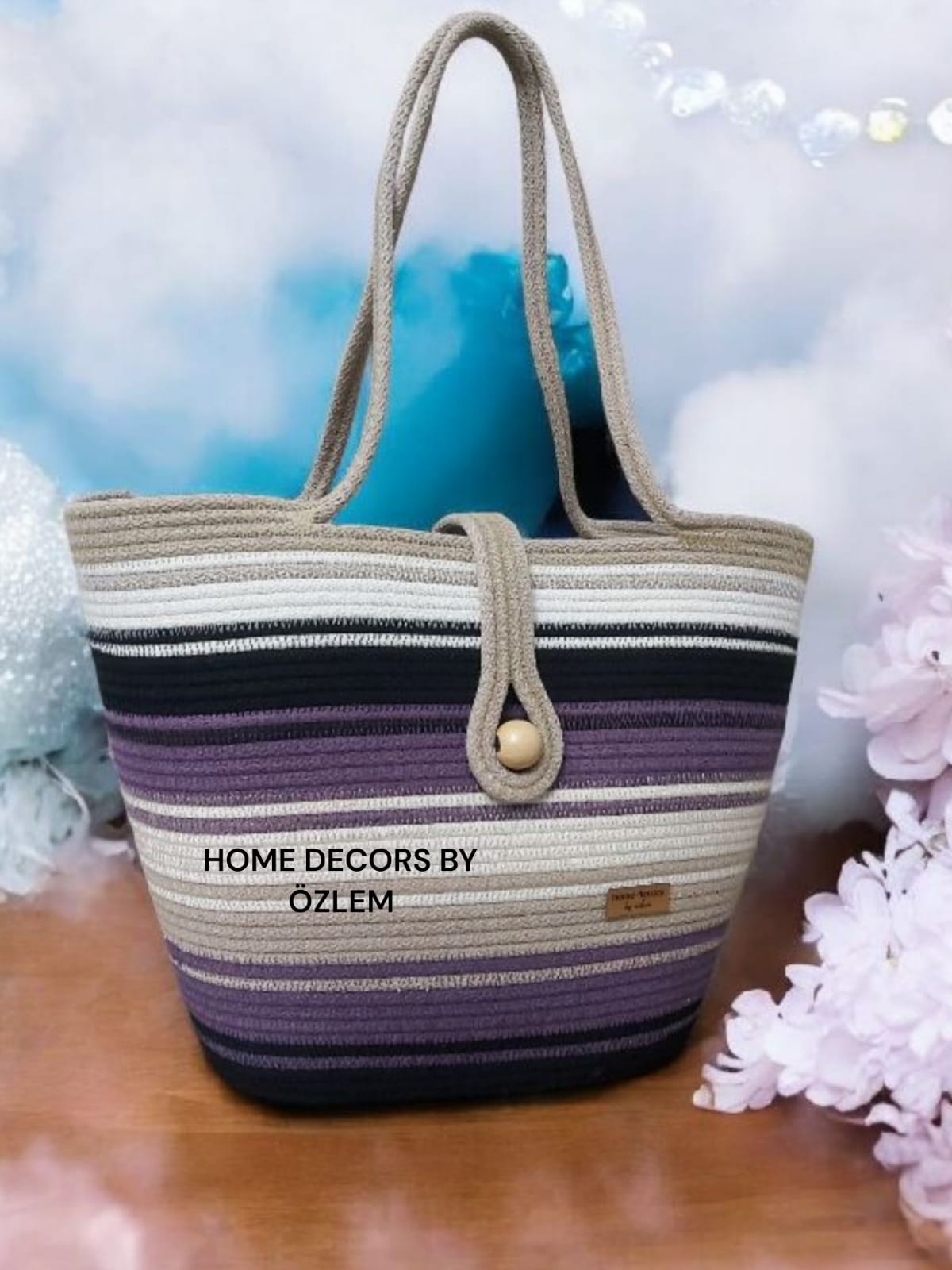 Mor Siyah Bej Omuz Çantası Plaj Çantası Günlük Çanta Hasır Çanta El Emeği Handmade - 40~42x30cm