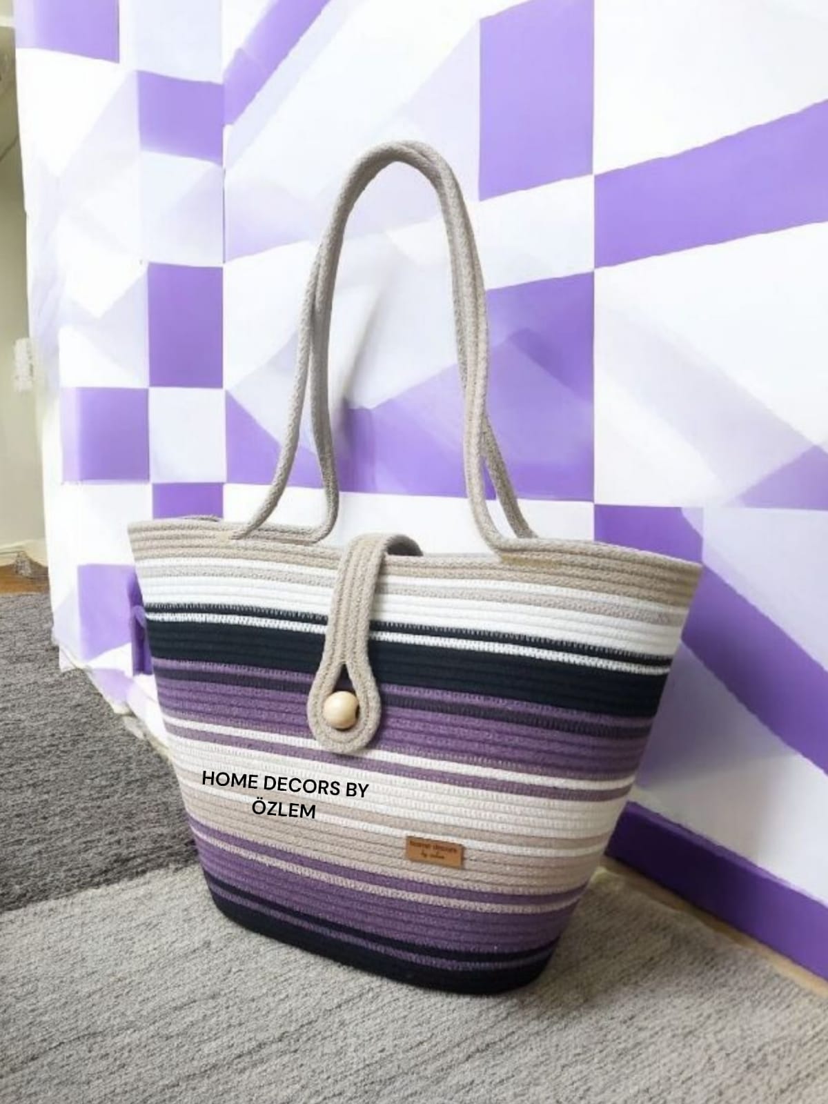 Mor Siyah Bej Omuz Çantası Plaj Çantası Günlük Çanta Hasır Çanta El Emeği Handmade - 40~42x30cm