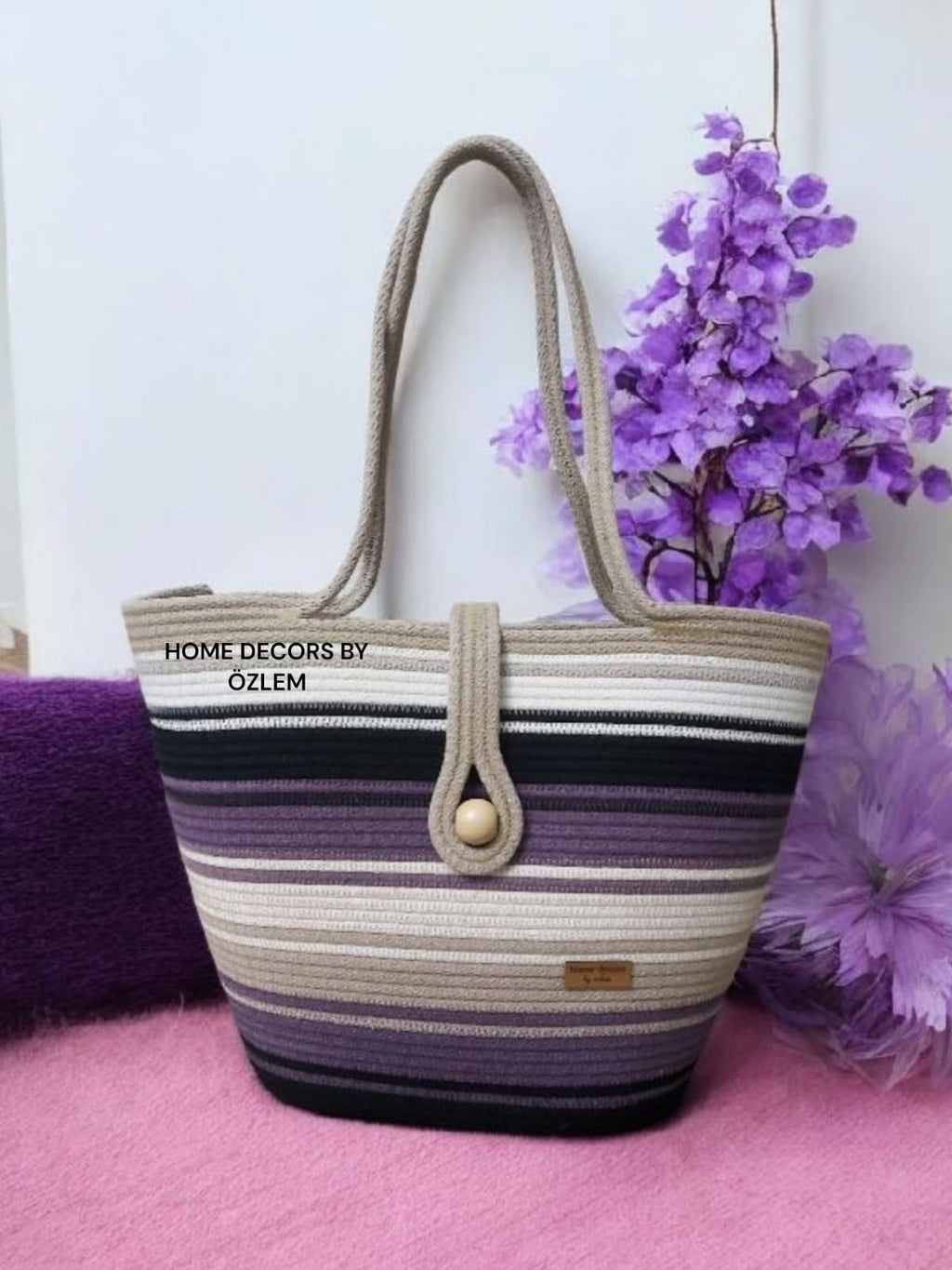 Mor Siyah Bej Omuz Çantası Plaj Çantası Günlük Çanta Hasır Çanta El Emeği Handmade - 40~42x30cm