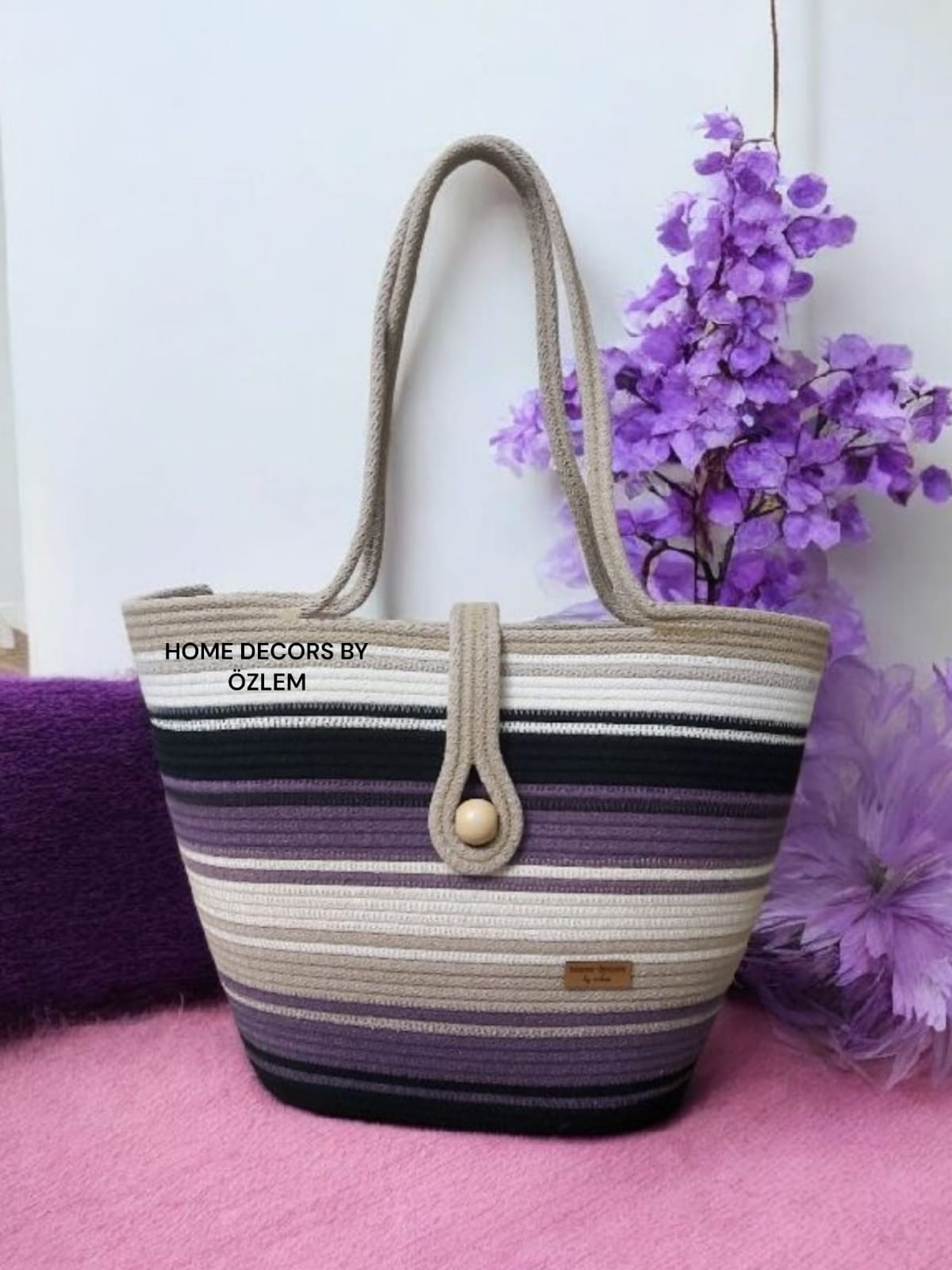 Mor Siyah Bej Omuz Çantası Plaj Çantası Günlük Çanta Hasır Çanta El Emeği Handmade - 40~42x30cm