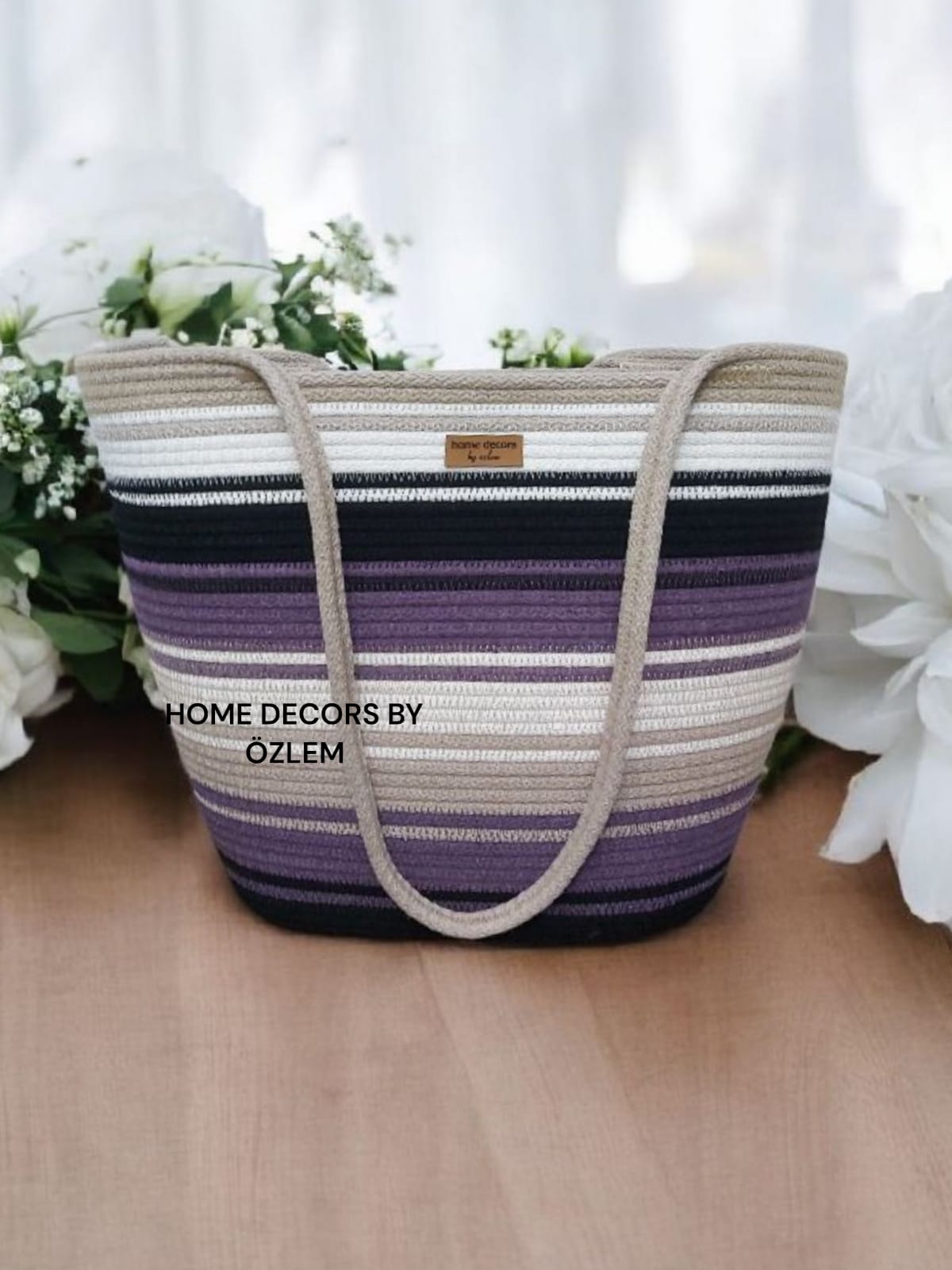 Mor Siyah Bej Omuz Çantası Plaj Çantası Günlük Çanta Hasır Çanta El Emeği Handmade - 40~42x30cm