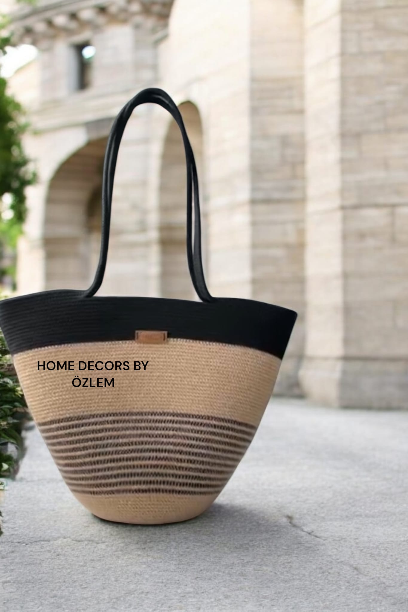 Siyah Hasır Omuz Çantası Plaj Çantası Günlük Çanta Hasır Çanta El Emeği Handmade - 40~42x30cm
