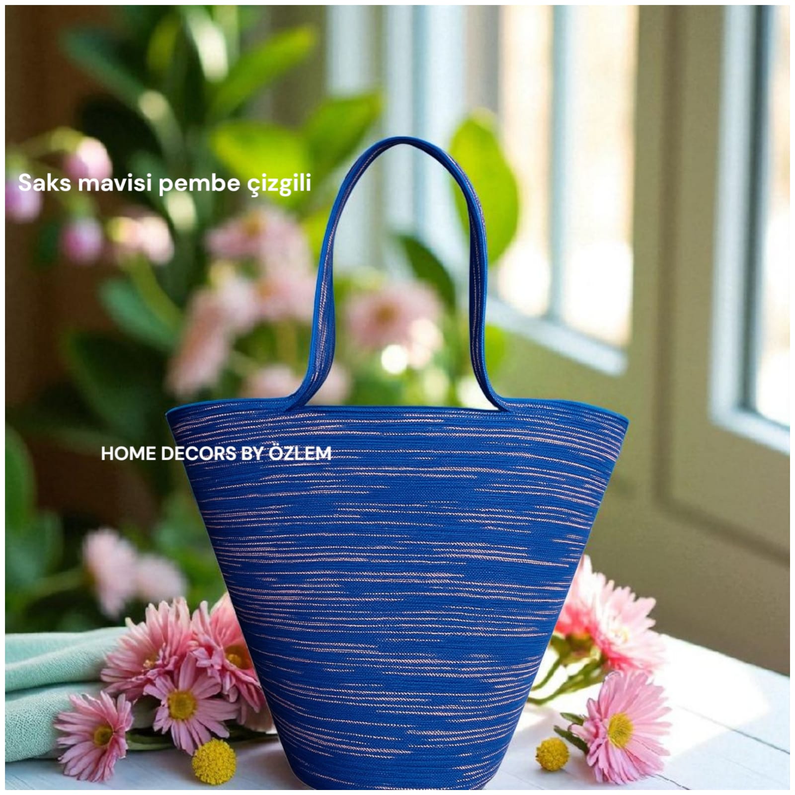 Saks Mavisi Pembe Omuz Çantası Plaj Çantası Günlük Çanta Hasır Çanta El Emeği Handmade - 40~42x30cm
