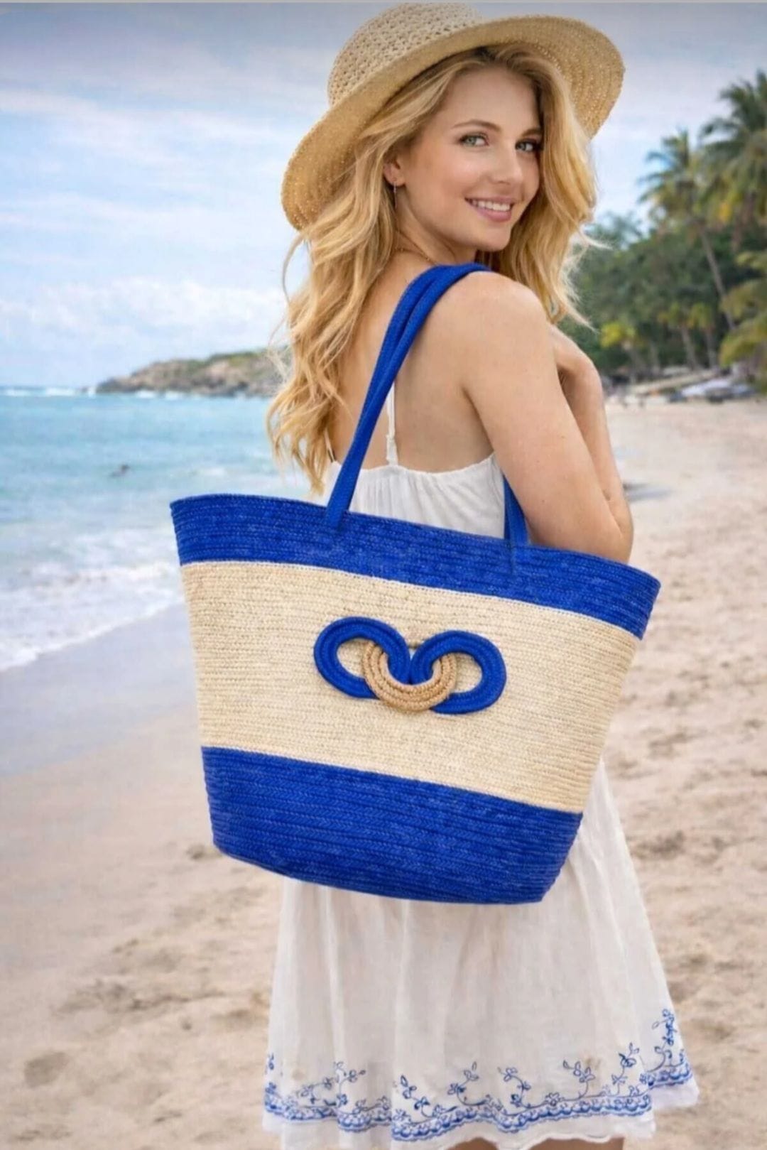 Saks Mavisi Ekru Omuz Çantası Plaj Çantası Günlük Çanta Hasır Çanta El Emeği Handmade - 40~42x30cm