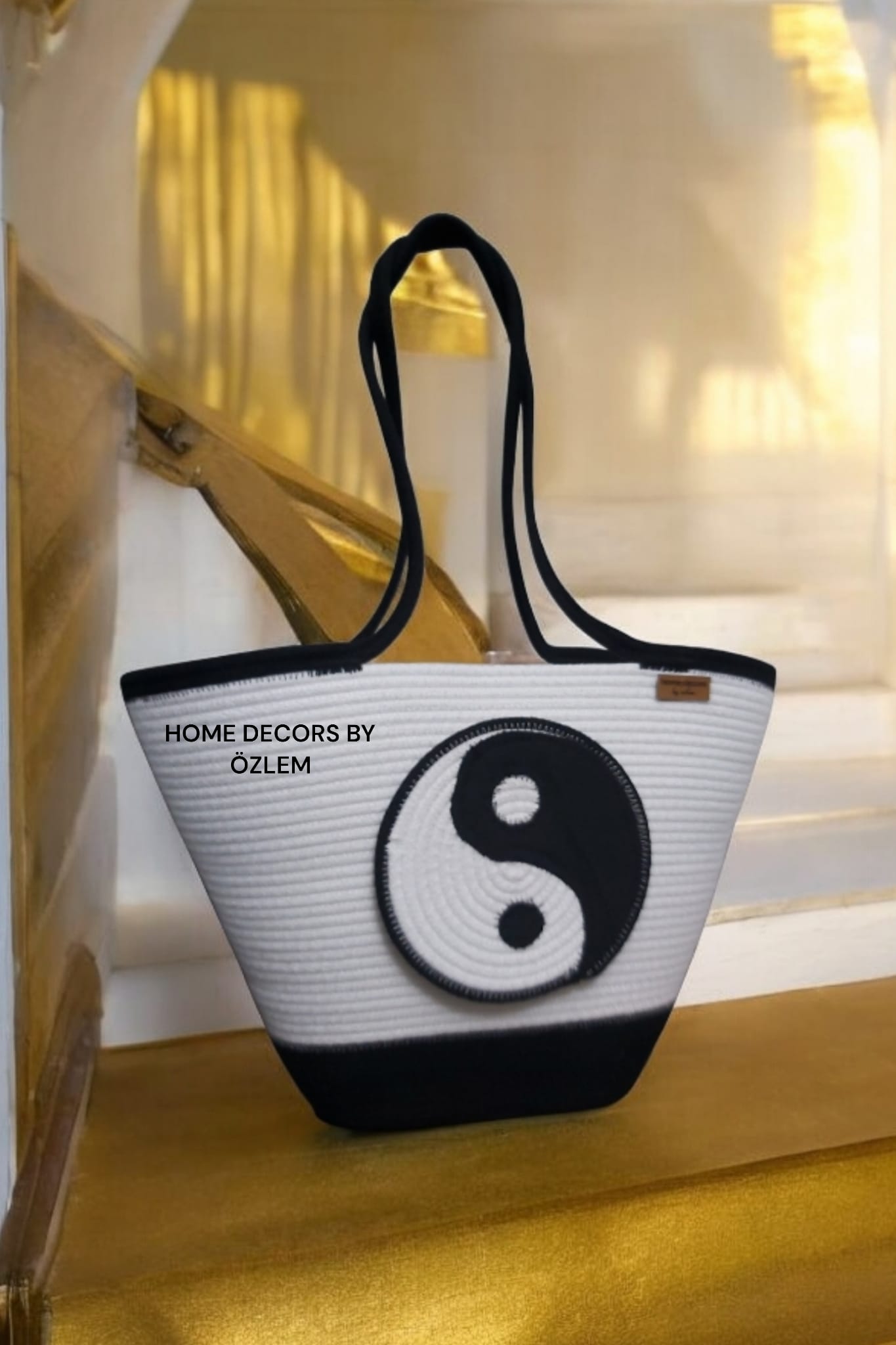 Siyah Beyaz Omuz Çantası Plaj Çantası Günlük Çanta Hasır Çanta El Emeği Handmade - 40~42x30cm