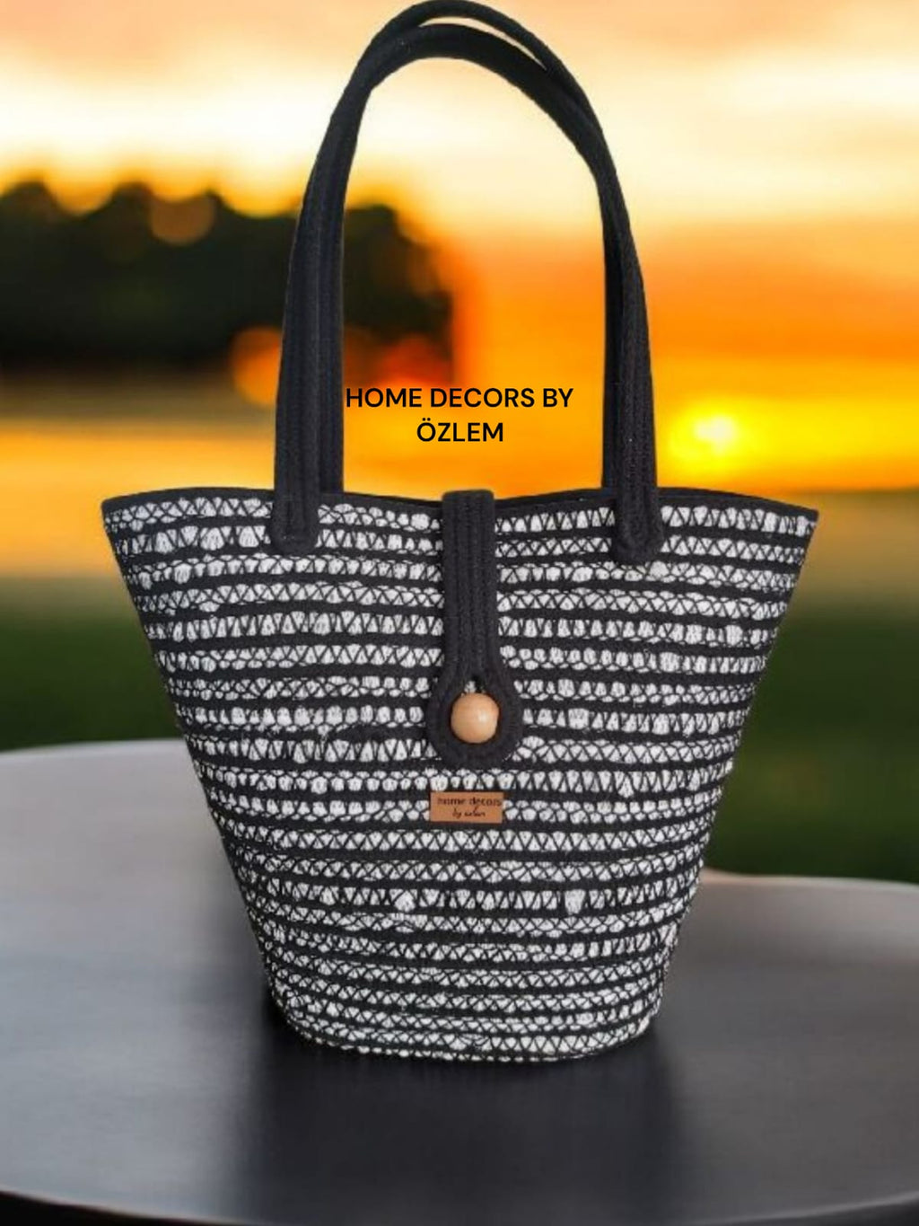 Siyah Degrade Omuz Çantası Plaj Çantası Günlük Çanta Hasır Çanta El Emeği Handmade - 40~42x30cm