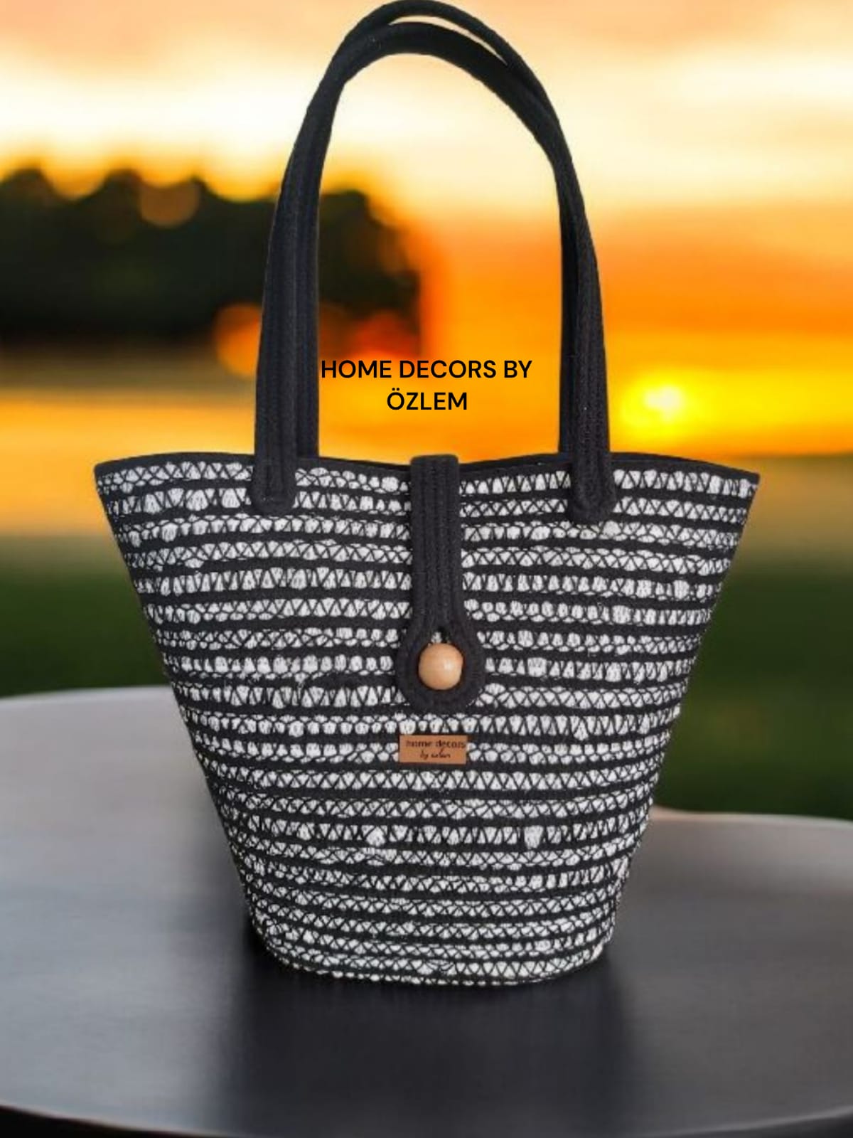 Siyah Degrade Omuz Çantası Plaj Çantası Günlük Çanta Hasır Çanta El Emeği Handmade - 40~42x30cm