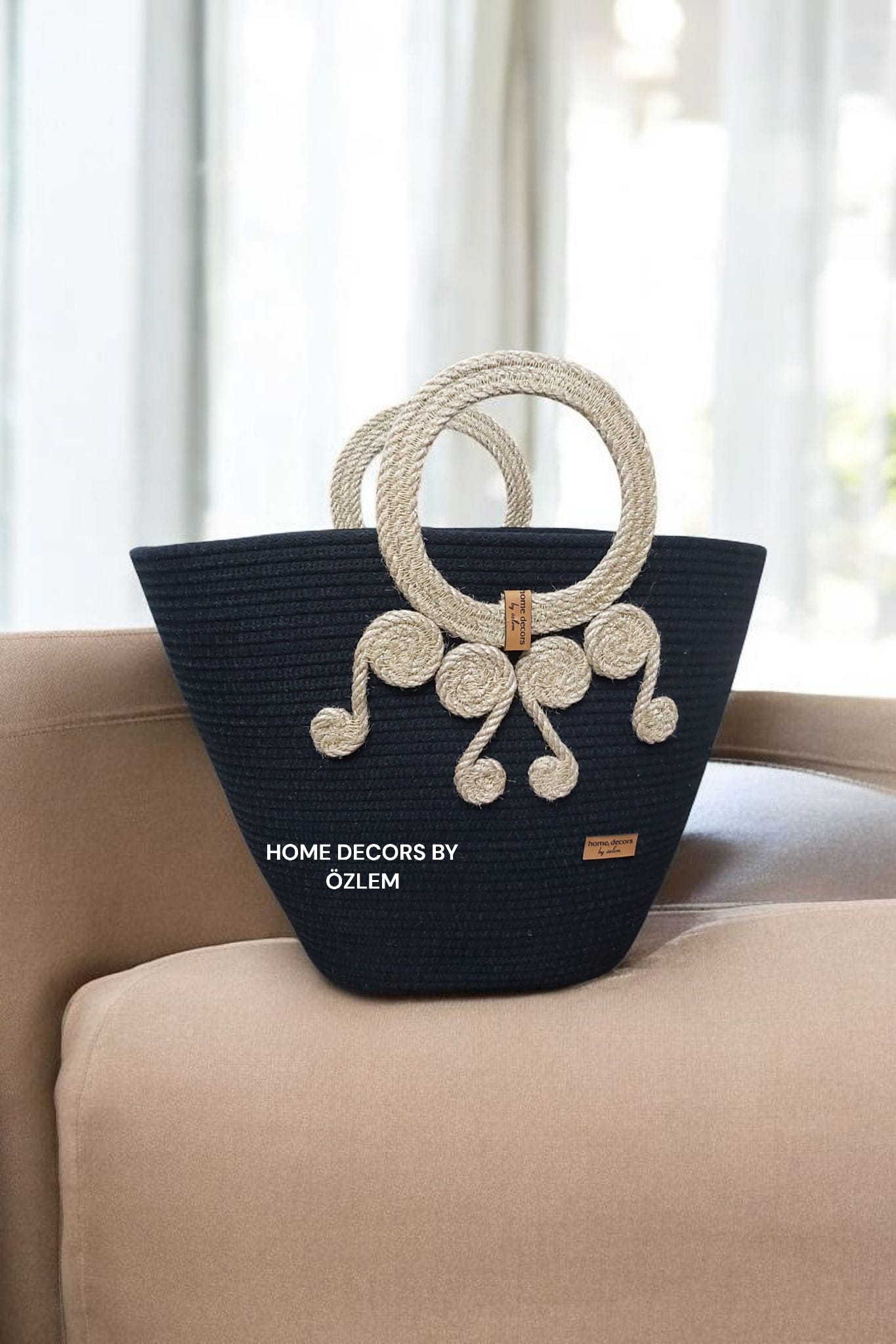 Siyah Hasır Omuz Çantası Plaj Çantası Günlük Çanta Hasır Çanta El Emeği Handmade - 40~42x30cm