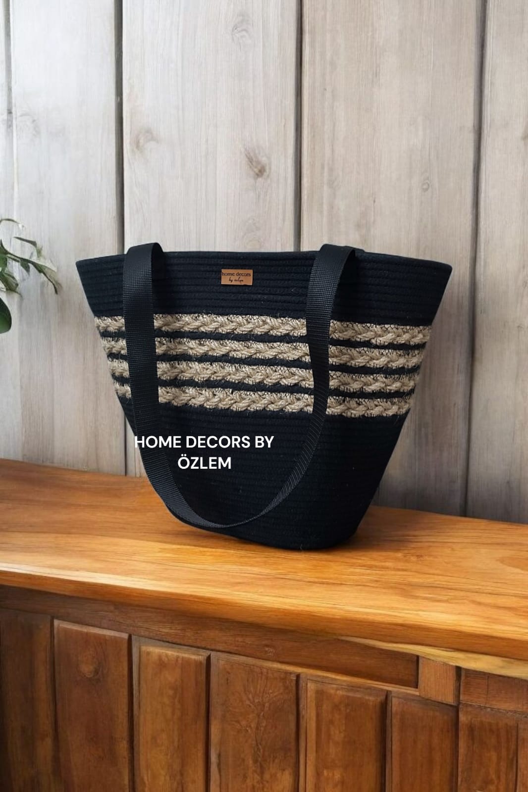 Siyah Örgü Hasır Omuz Çantası Plaj Çantası Günlük Çanta Hasır Çanta El Emeği Handmade - 40~42x30cm