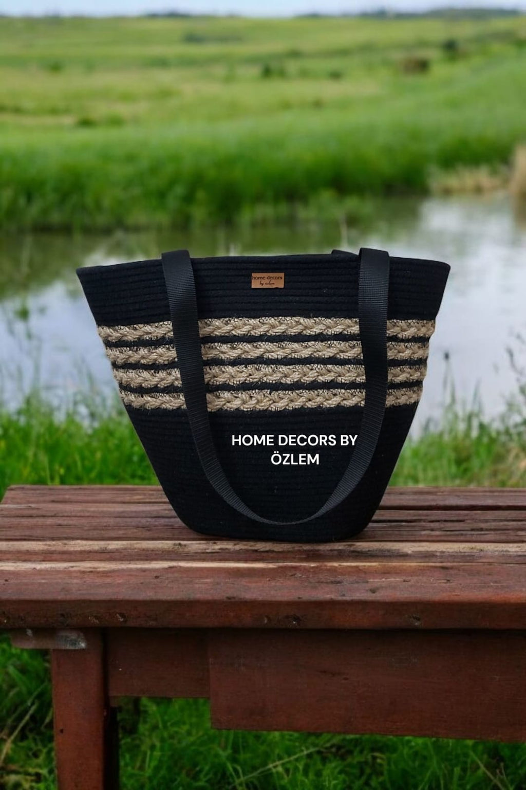 Siyah Örgü Hasır Omuz Çantası Plaj Çantası Günlük Çanta Hasır Çanta El Emeği Handmade - 40~42x30cm