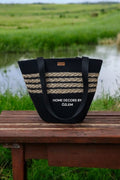 Siyah Örgü Hasır Omuz Çantası Plaj Çantası Günlük Çanta Hasır Çanta El Emeği Handmade - 40~42x30cm