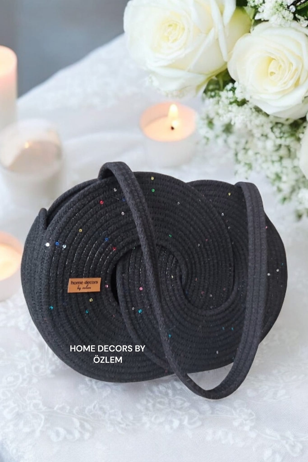Siyah Pullu El Kol Omuz Çantası Sonsuzluk Çantası Plaj Çantası Günlük Çanta Hasır Çanta El Emeği Handmade - 25x35cm