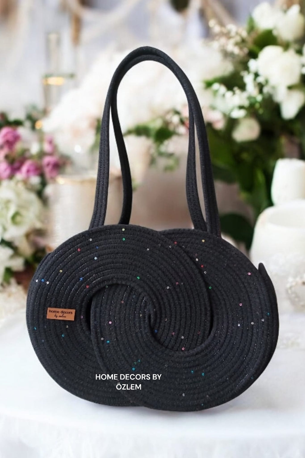 Siyah Pullu El Kol Omuz Çantası Sonsuzluk Çantası Plaj Çantası Günlük Çanta Hasır Çanta El Emeği Handmade - 25x35cm