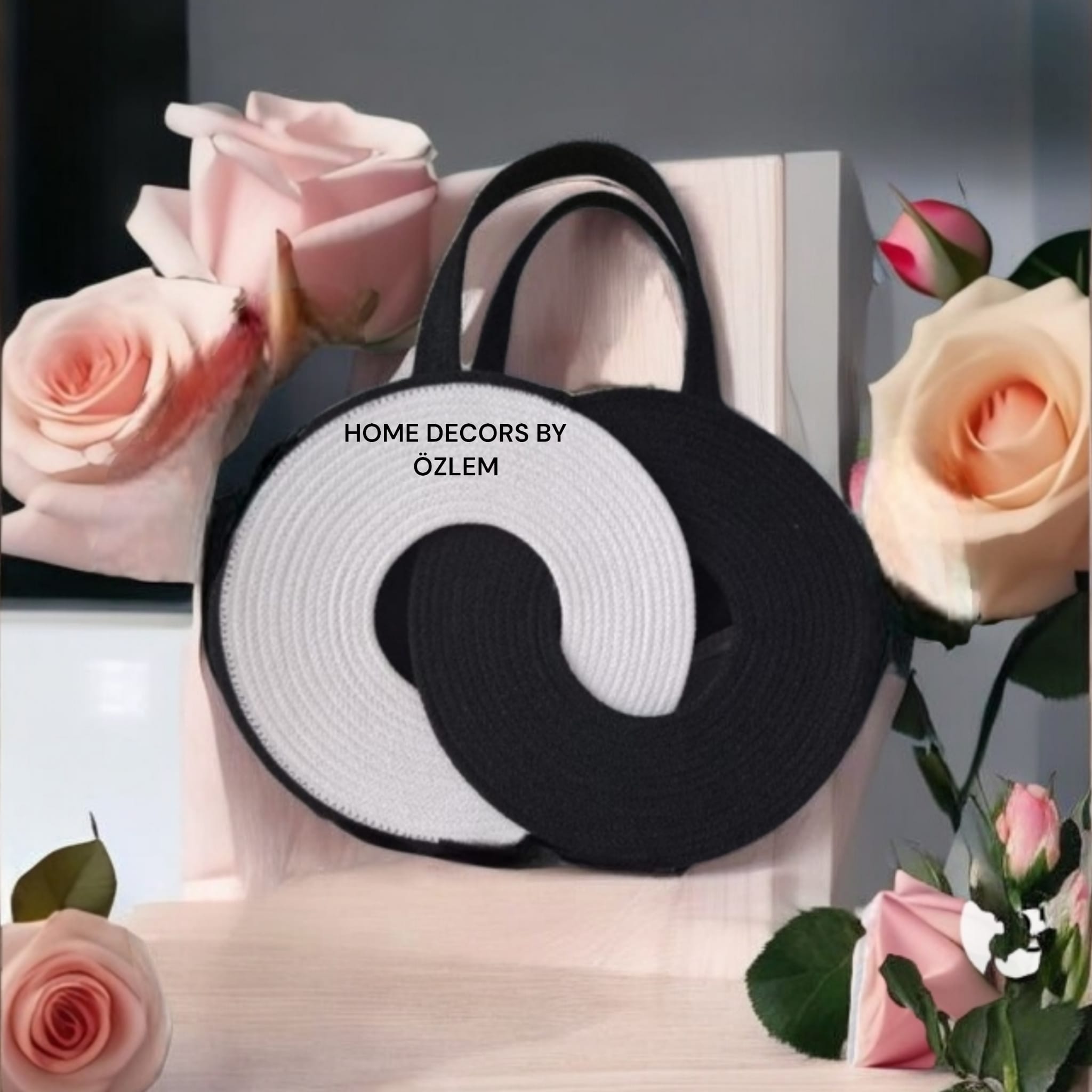 Siyah Beyaz El Kol Omuz Çantası Sonsuzluk Çantası Plaj Çantası Günlük Çanta Hasır Çanta El Emeği Handmade - 25x35cm
