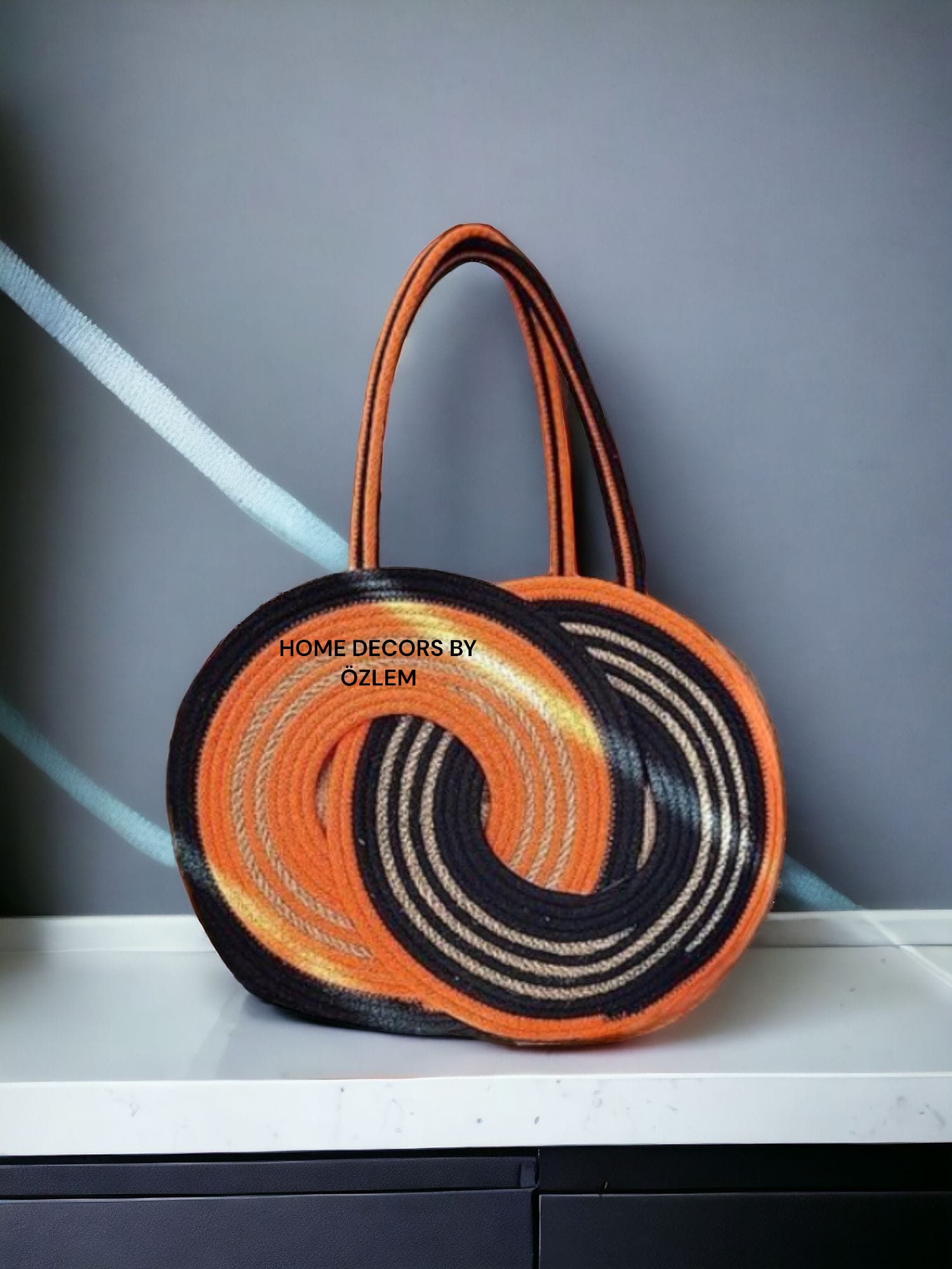 Siyah Turuncu Omuz Çantası Sonsuzluk Çantası Plaj Çantası Günlük Çanta Hasır Çanta El Emeği Handmade - 25x35cm