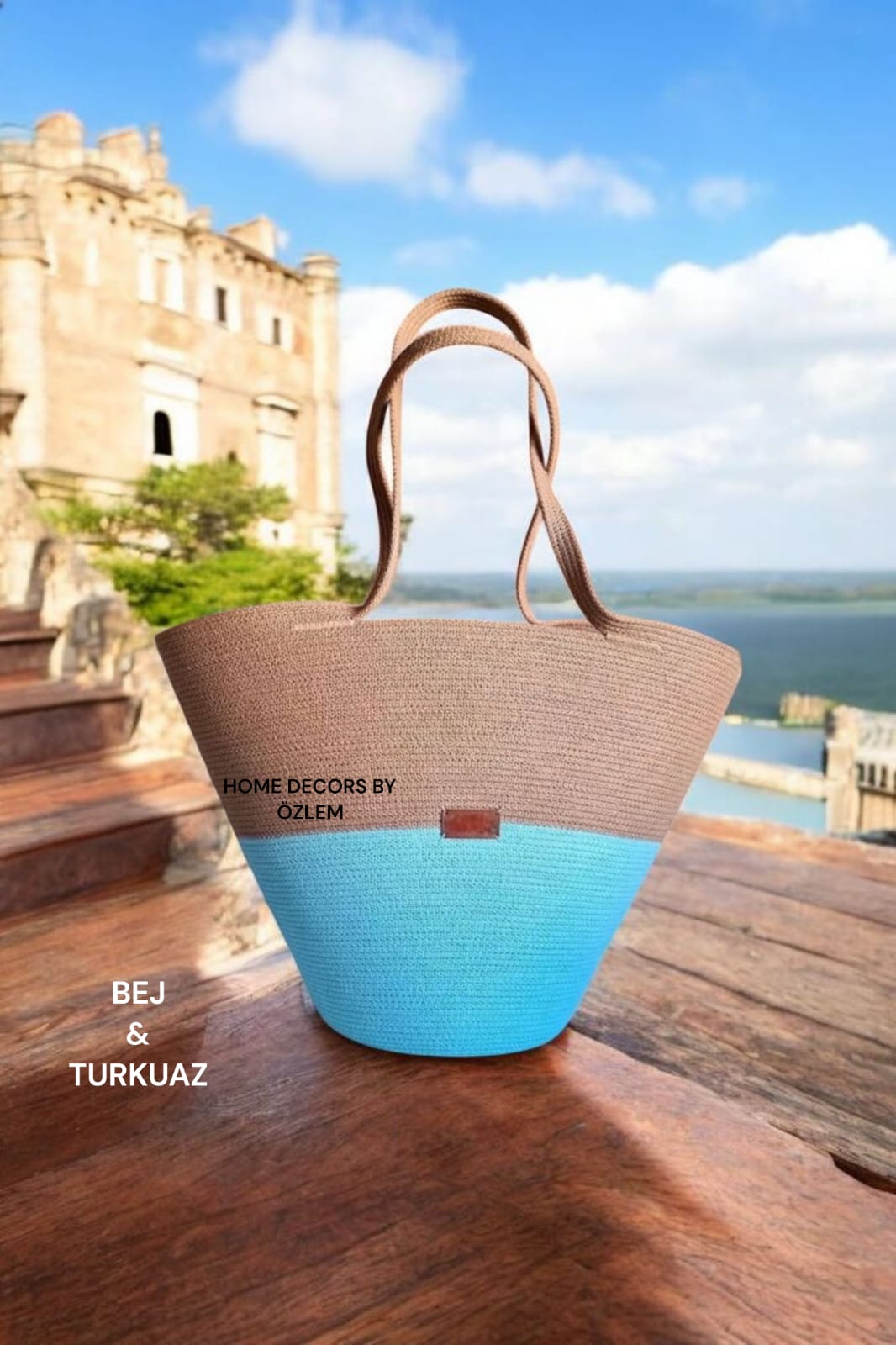 Turkuaz Bej Omuz Çantası Plaj Çantası Günlük Çanta Hasır Çanta El Emeği Handmade - 40~42x30cm