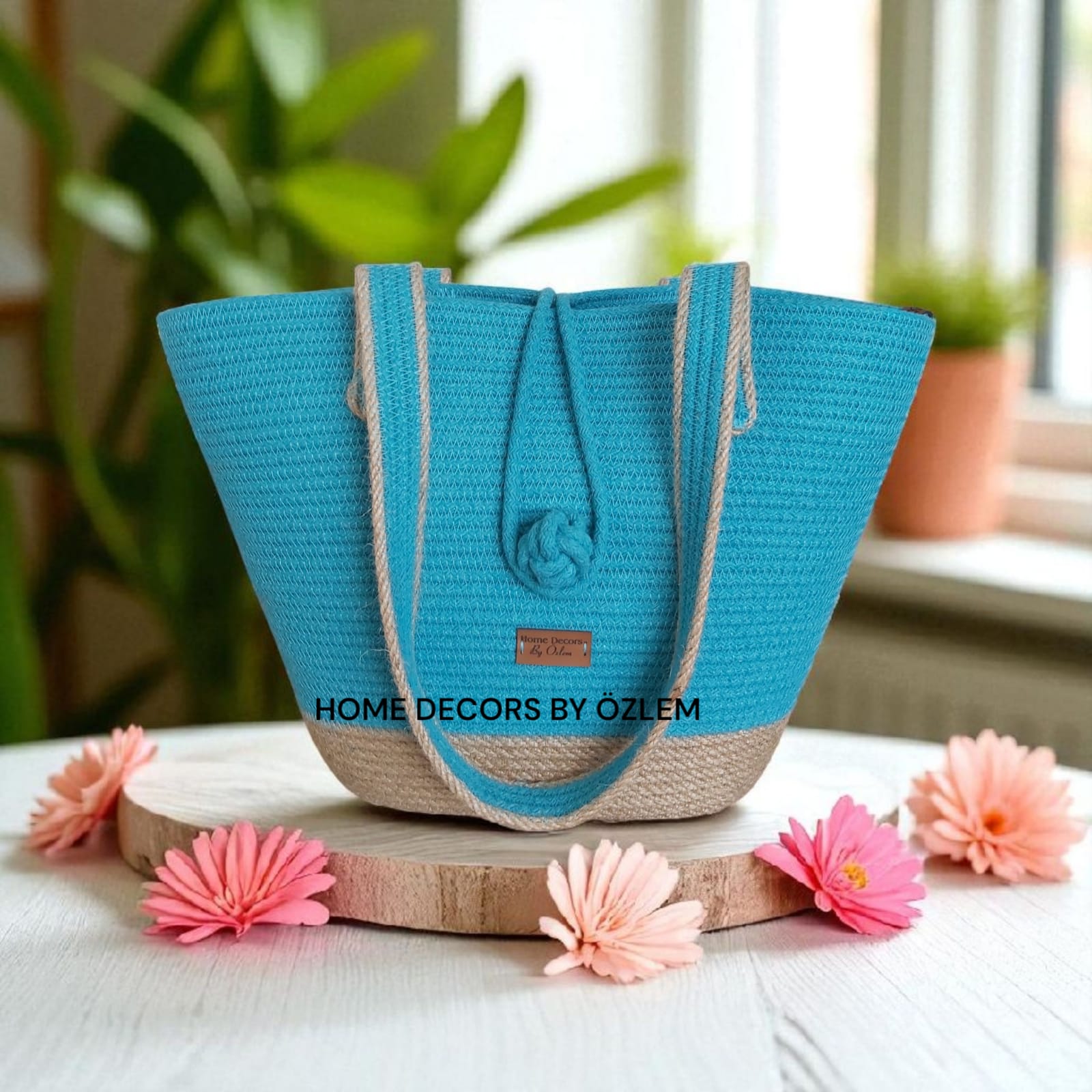 Turkuaz Hasır Omuz Çantası Plaj Çantası Günlük Çanta Hasır Çanta El Emeği Handmade - 40~42x30cm