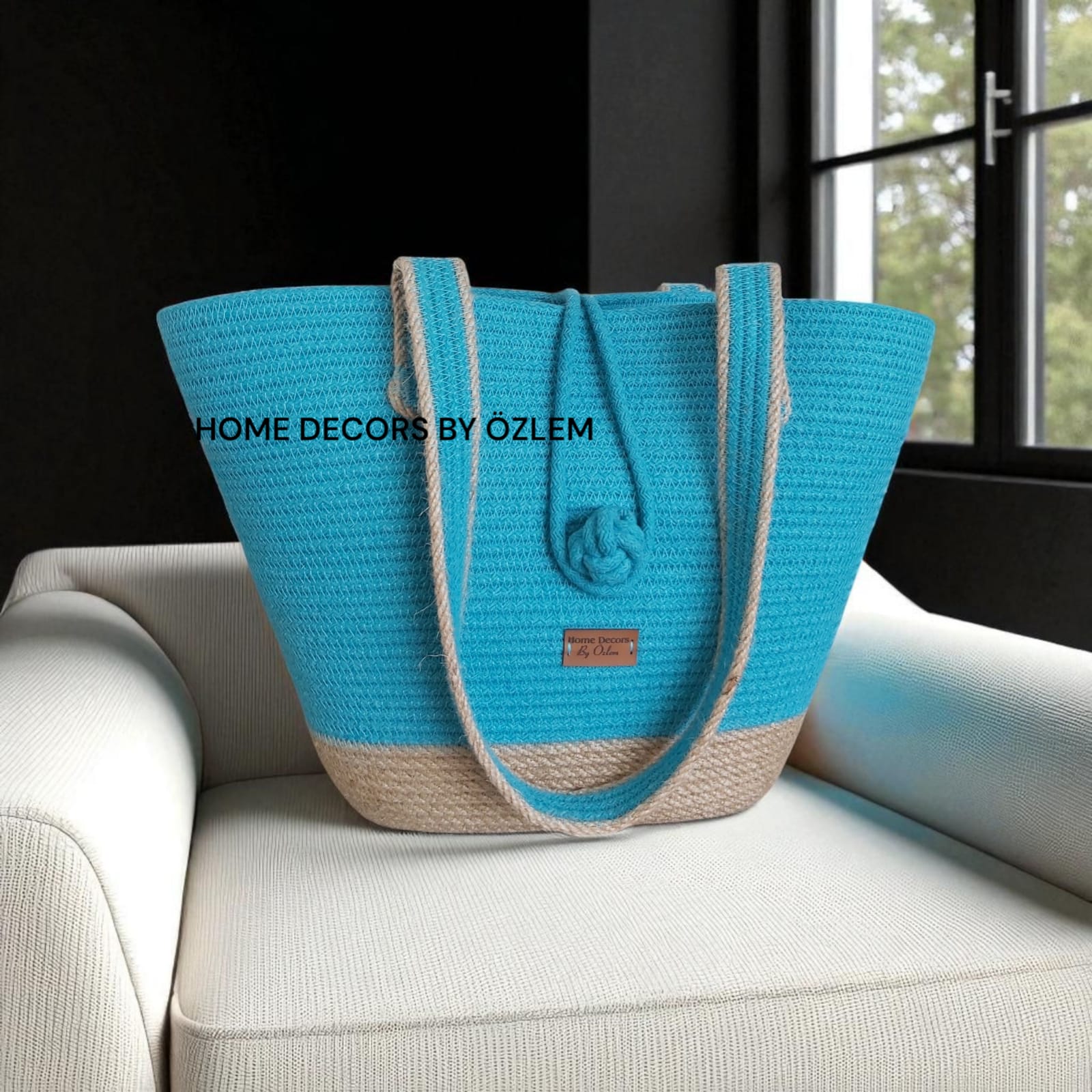 Turkuaz Hasır Omuz Çantası Plaj Çantası Günlük Çanta Hasır Çanta El Emeği Handmade - 40~42x30cm