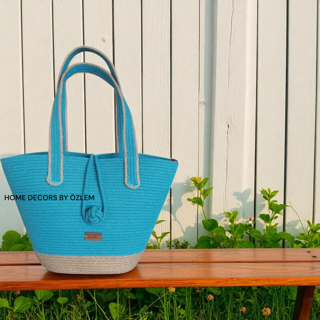 Turkuaz Hasır Omuz Çantası Plaj Çantası Günlük Çanta Hasır Çanta El Emeği Handmade - 40~42x30cm