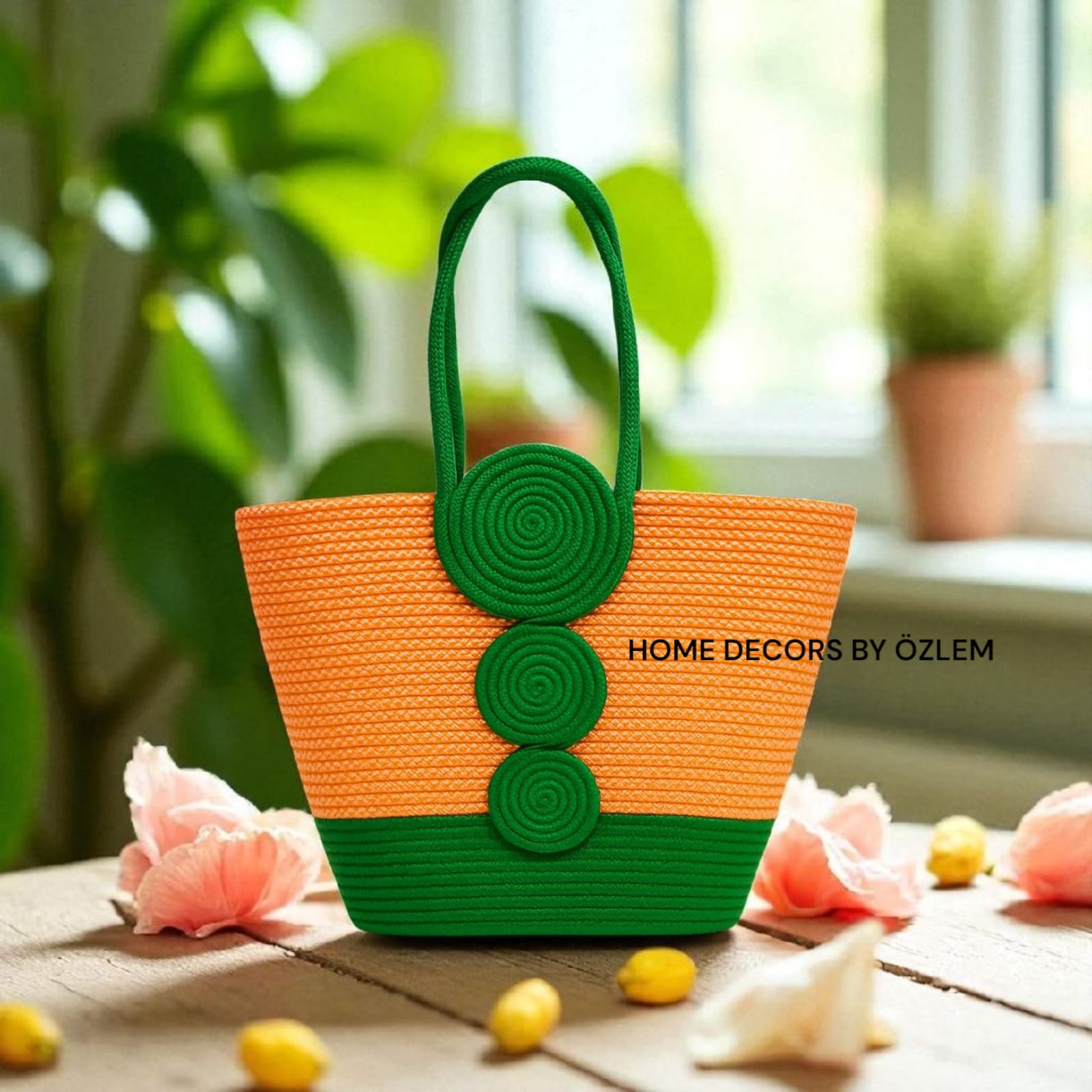 Turuncu Yeşil Omuz Çantası Plaj Çantası Günlük Çanta Hasır Çanta El Emeği Handmade - 40~42x30cm