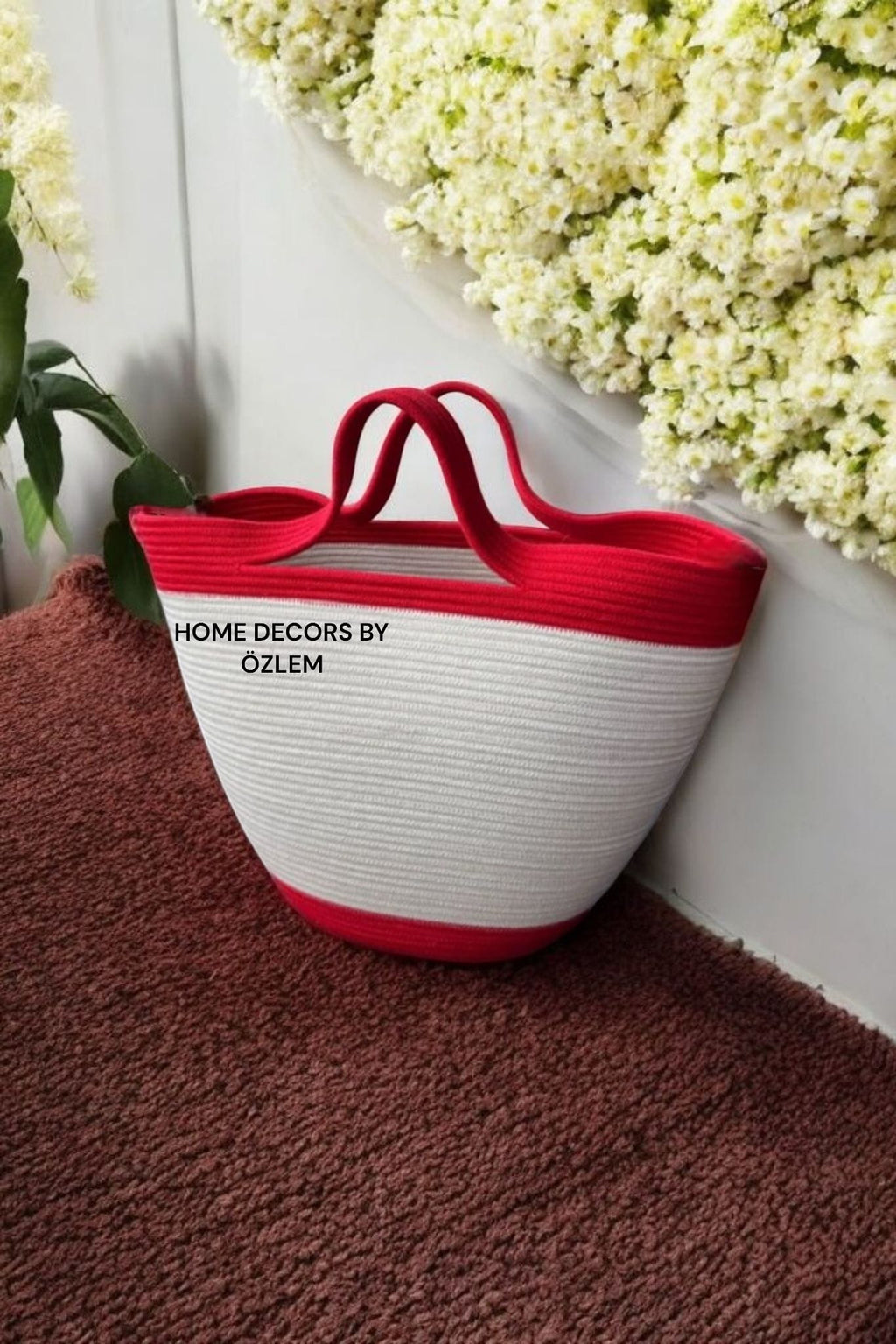 Kırmızı Ekru El Kol Plaj Çantası Günlük Çanta Hasır Çanta El Emeği Handmade - 40~42x30cm