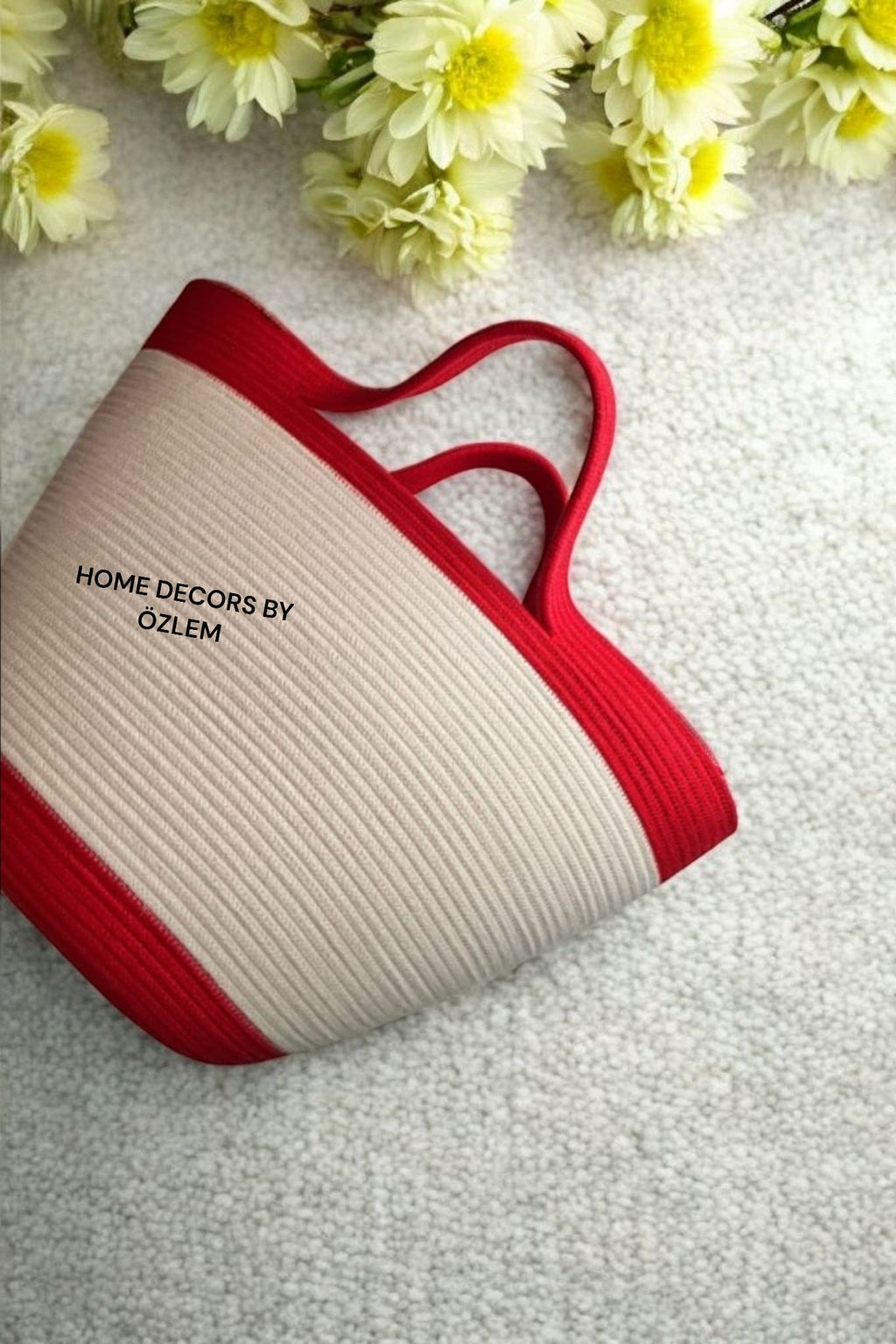 Kırmızı Ekru El Kol Plaj Çantası Günlük Çanta Hasır Çanta El Emeği Handmade - 40~42x30cm