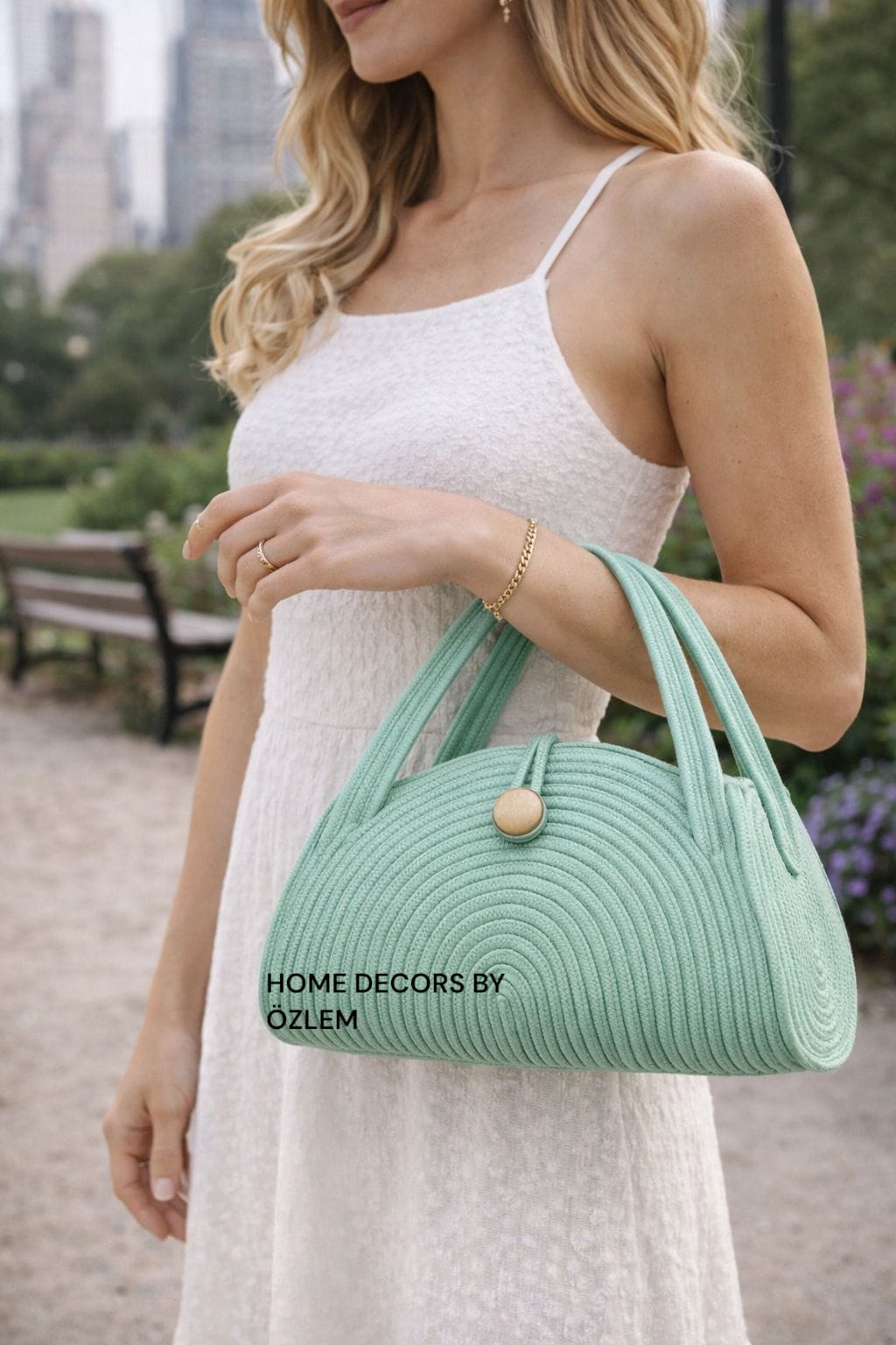 Mint Yeşili El Kol Plaj Çantası Günlük Çanta Hasır Çanta El Emeği Handmade - 35x15cm