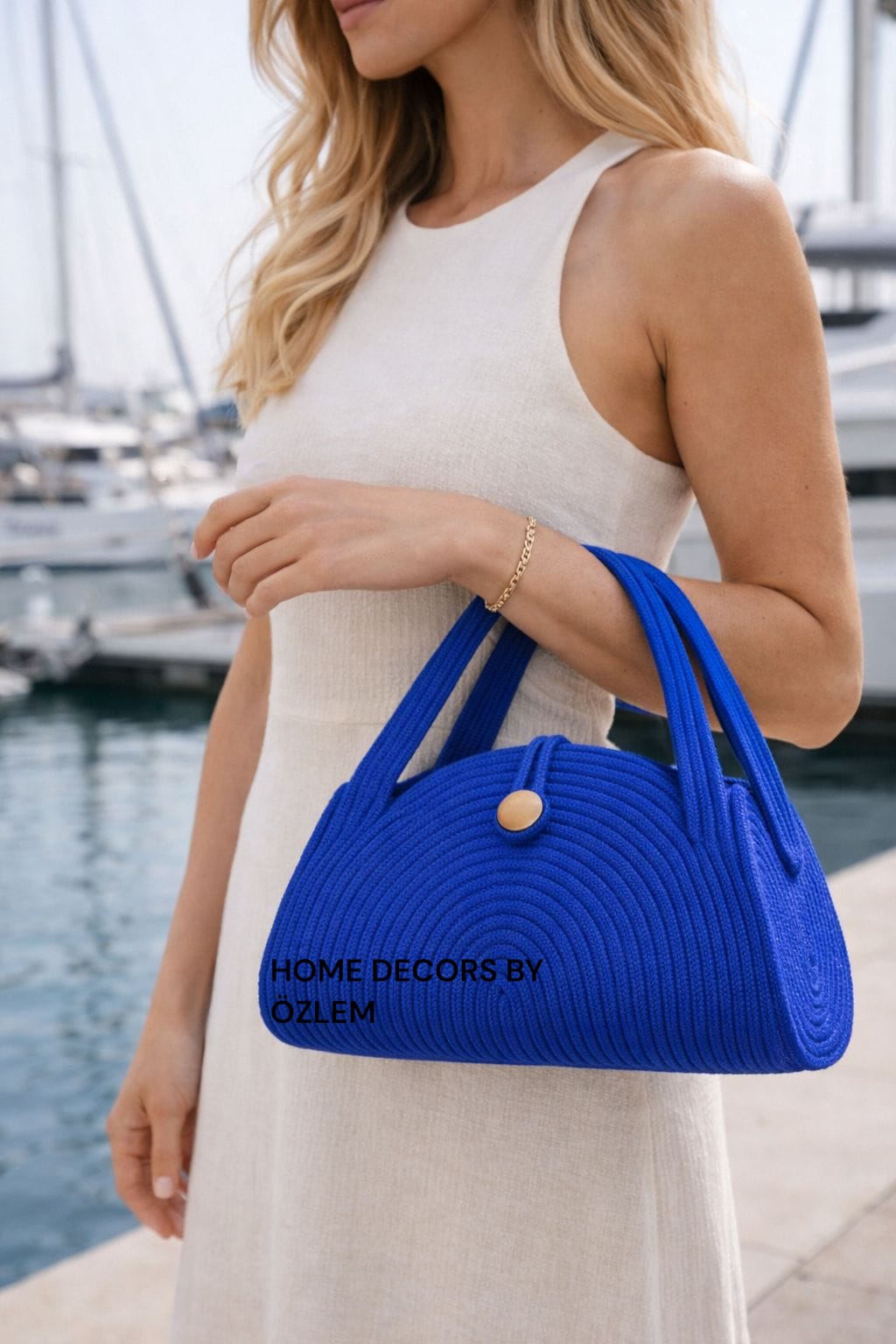 Saks Mavisi El Kol Plaj Çantası Günlük Çanta Hasır Çanta El Emeği Handmade - 35x15cm