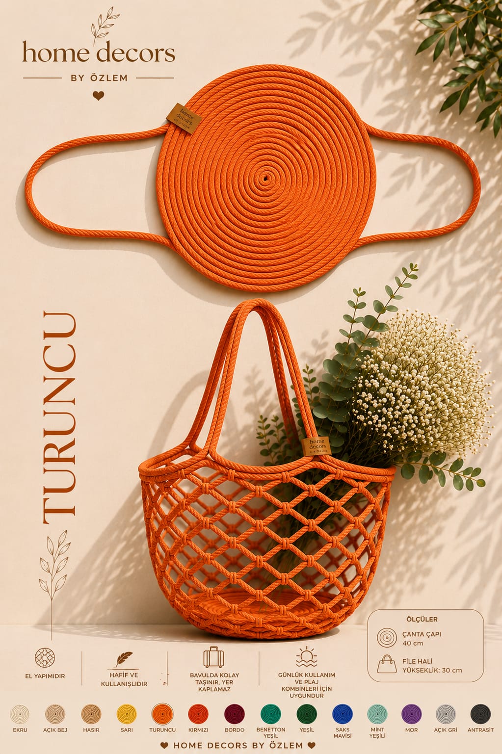 File Çanta Omuz Çantası Hasır Çanta El Yapımı Handmade Günlük Çanta (16 FARKLI RENK SEÇENEĞİ) - Çap:40cm / Yükseklik:30cm