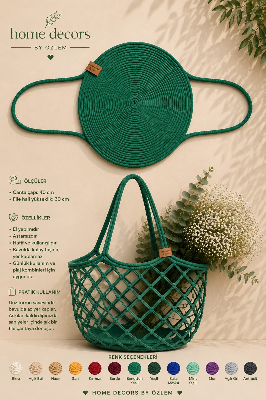 File Çanta Omuz Çantası Hasır Çanta El Yapımı Handmade Günlük Çanta (16 FARKLI RENK SEÇENEĞİ) - Çap:40cm / Yükseklik:30cm