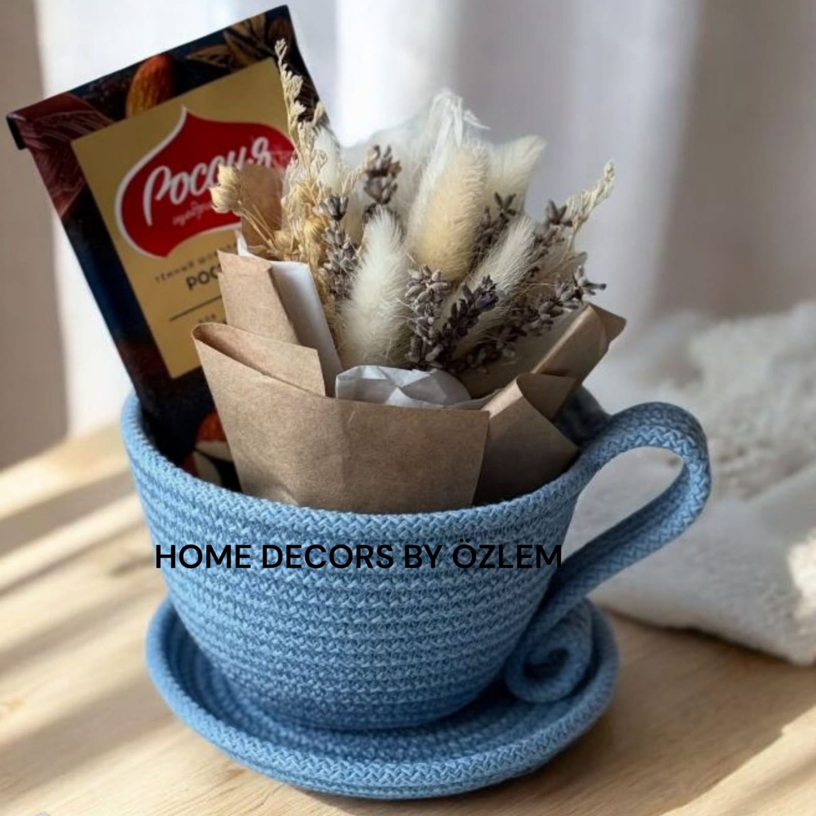 Bebe Mavisi Fincan Sepet Hasır Sepet Dekoratif Sepet Organizer Saklama Kutusu El Emeği Handmade - 19x12 cm
