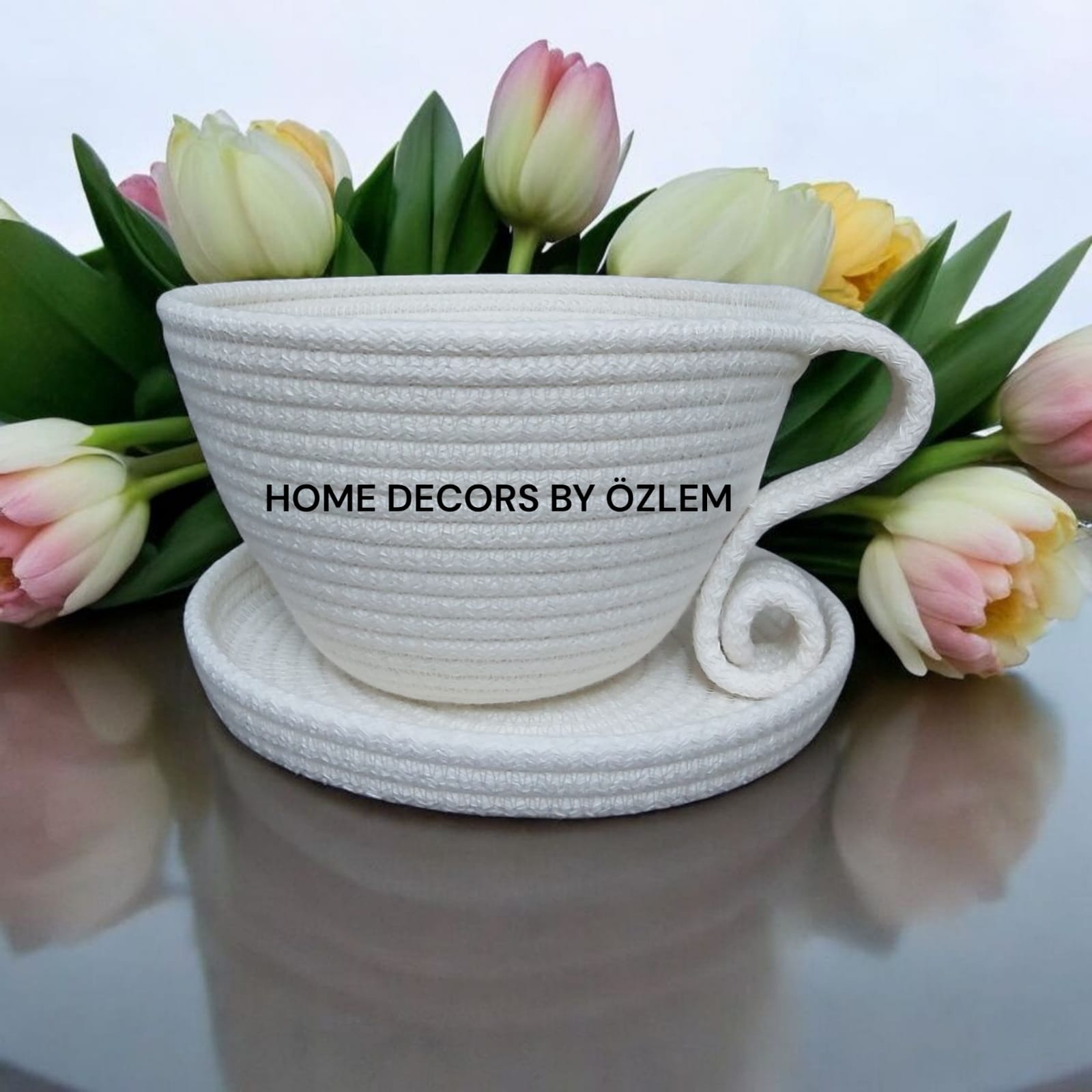 Ekru Fincan Sepet Hasır Sepet Dekoratif Sepet Organizer Saklama Kutusu El Emeği Handmade - 19x12 cm