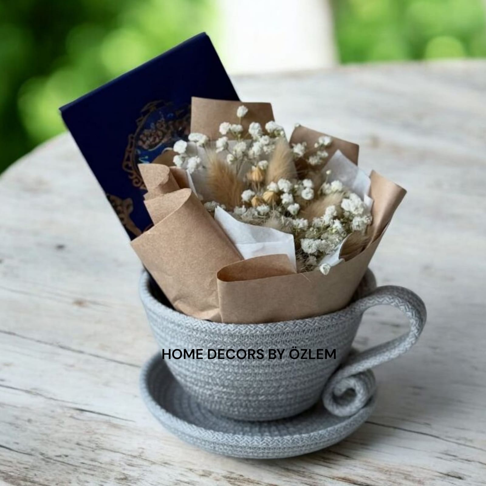 Gri Fincan Sepet Hasır Sepet Dekoratif Sepet Organizer Saklama Kutusu El Emeği Handmade - 19x12 cm