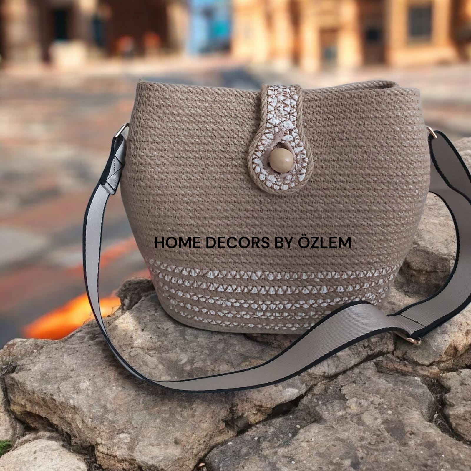Ekru Hasır Omuz Çantası Plaj Çantası Günlük Çanta El Emeği Handmade -