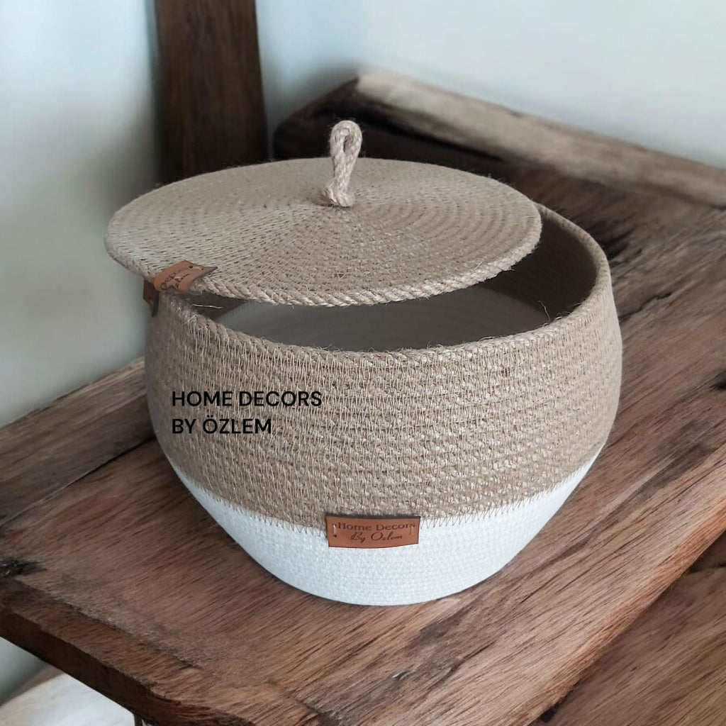 Ekru Hasır Sepet Kapaklı Sepet Düzenleyici Organizer Saklama Kutusu El Emeği Handmade - 20/25x18 cm