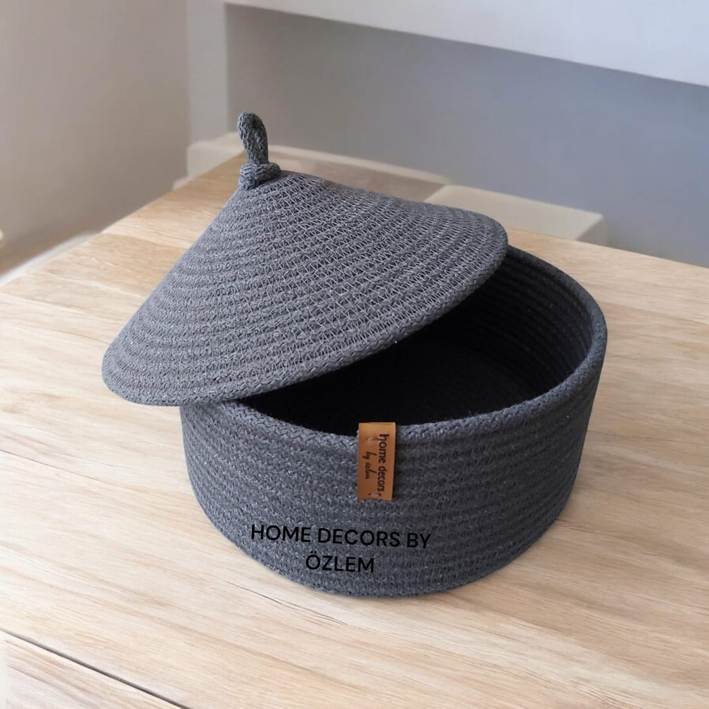 Kapaklı Antrasit Sepet Dekoratif Sepet Saklama Kutusu Organizer Hasır Sepet Düzenleyici Handmade El Emeği - 25x10 cm