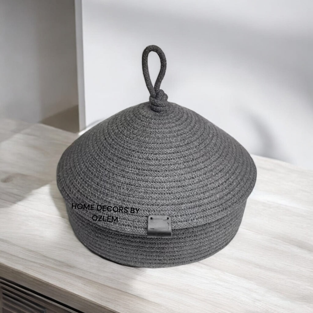 Kapaklı Antrasit Sepet Dekoratif Sepet Saklama Kutusu Organizer Hasır Sepet Düzenleyici Handmade El Emeği - 20x7 cm