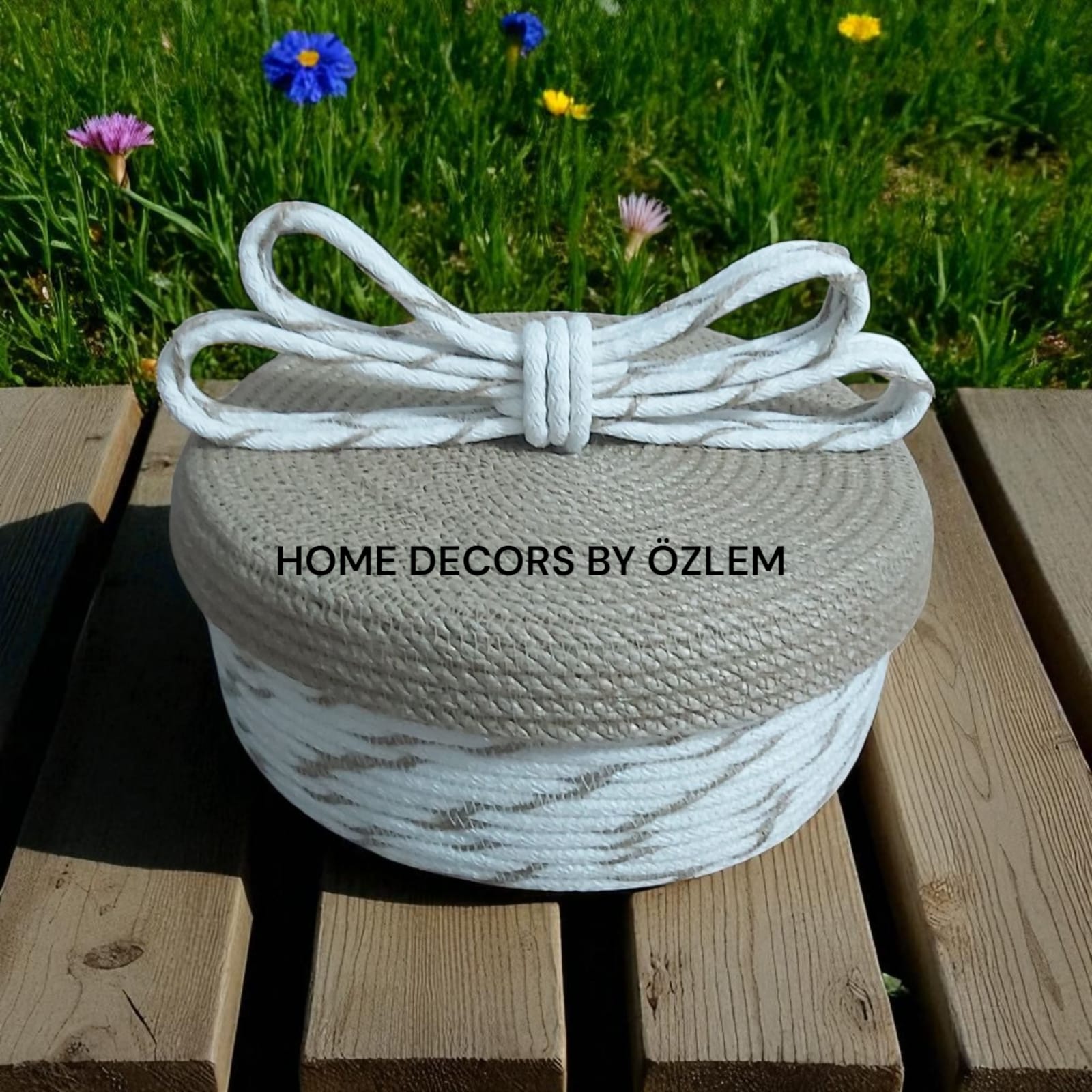 Kapaklı Ekru Hasır Sepet Dekoratif Sepet Saklama Kutusu Organizer Düzenleyici Handmade El Emeği - 25x10 cm