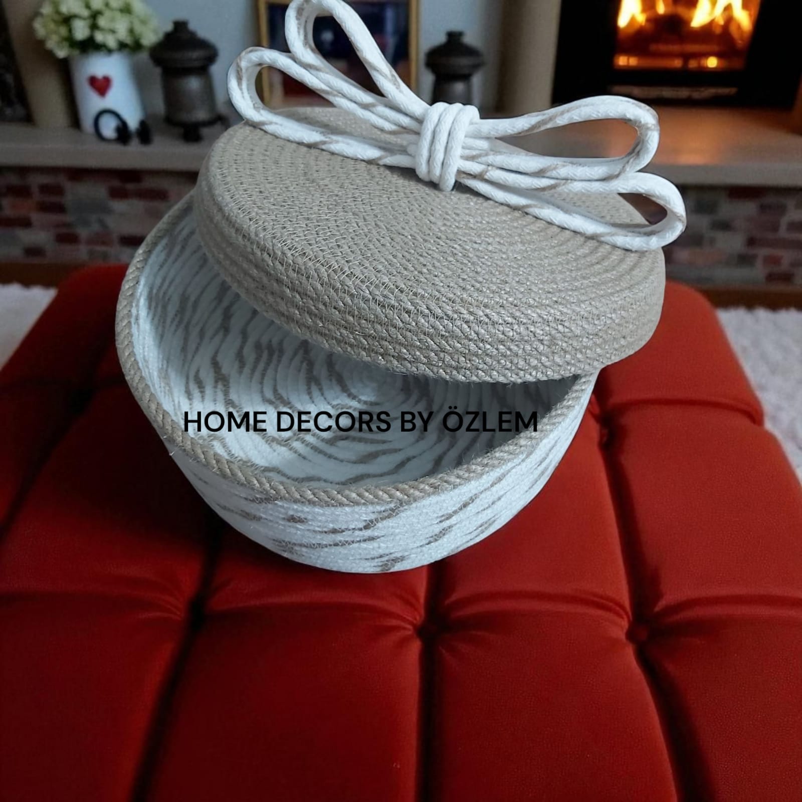 Kapaklı Ekru Hasır Sepet Dekoratif Sepet Saklama Kutusu Organizer Düzenleyici Handmade El Emeği - 25x10 cm