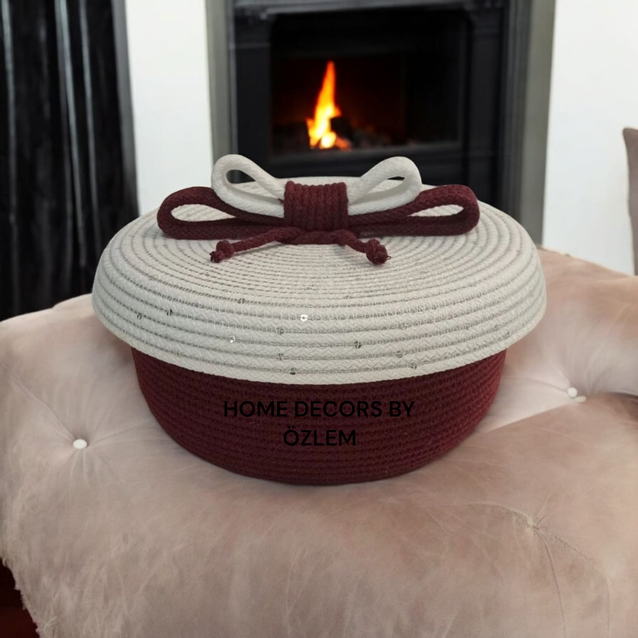 Bordo Ekru Sepet Dekoratif Sepet Saklama Kutusu Organizer Hasır Sepet Düzenleyici Handmade El Emeği - 20x8 cm