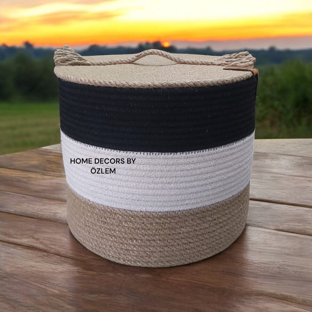 Siyah Ekru Hasır Sepet Takımı Dekoratif Sepet Organizer Hasır Sepet Düzenleyici Saklama Kutusu Handmade-25x20cm