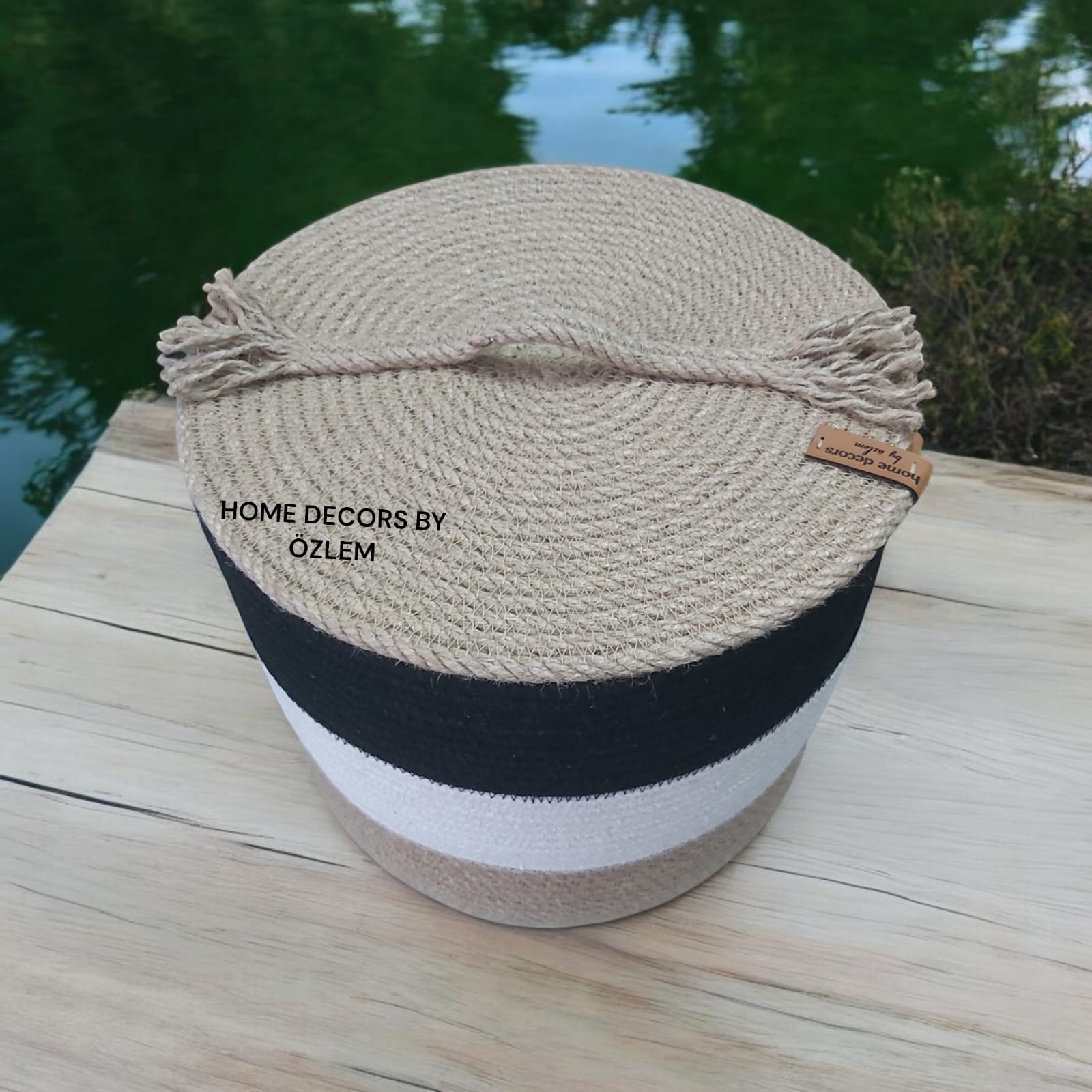 Siyah Ekru Hasır Sepet Takımı Dekoratif Sepet Organizer Hasır Sepet Düzenleyici Saklama Kutusu Handmade-25x20cm