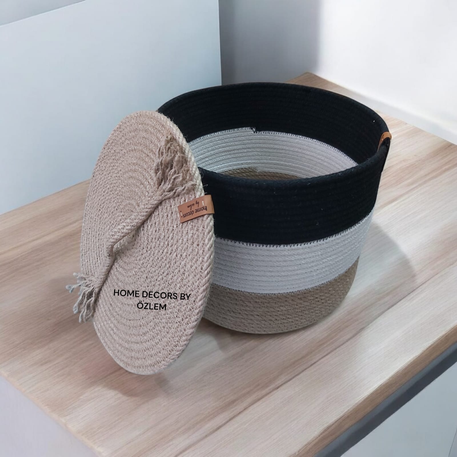 Siyah Ekru Hasır Sepet Takımı Dekoratif Sepet Organizer Hasır Sepet Düzenleyici Saklama Kutusu Handmade-25x20cm