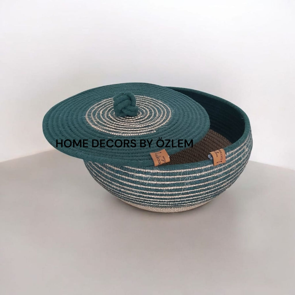 2'li Koyu Yeşil Hasır Sepet Takımı Dekoratif Sepet Saklama Kutusu Organizer Düzenleyici Handmade El Emeği - 30~25x18 cm / 30x5 cm