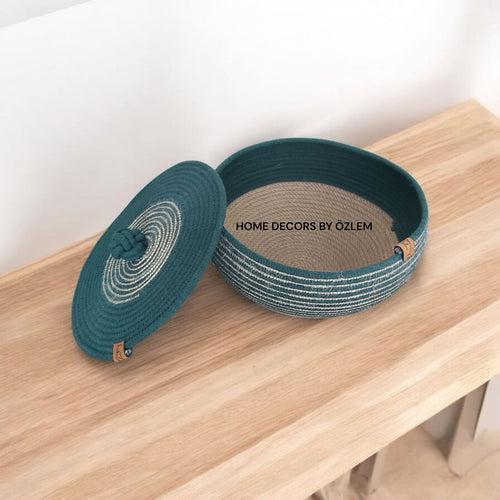 2'li Koyu Yeşil Hasır Sepet Takımı Dekoratif Sepet Saklama Kutusu Organizer Düzenleyici Handmade El Emeği - 30~25x18 cm / 30x5 cm