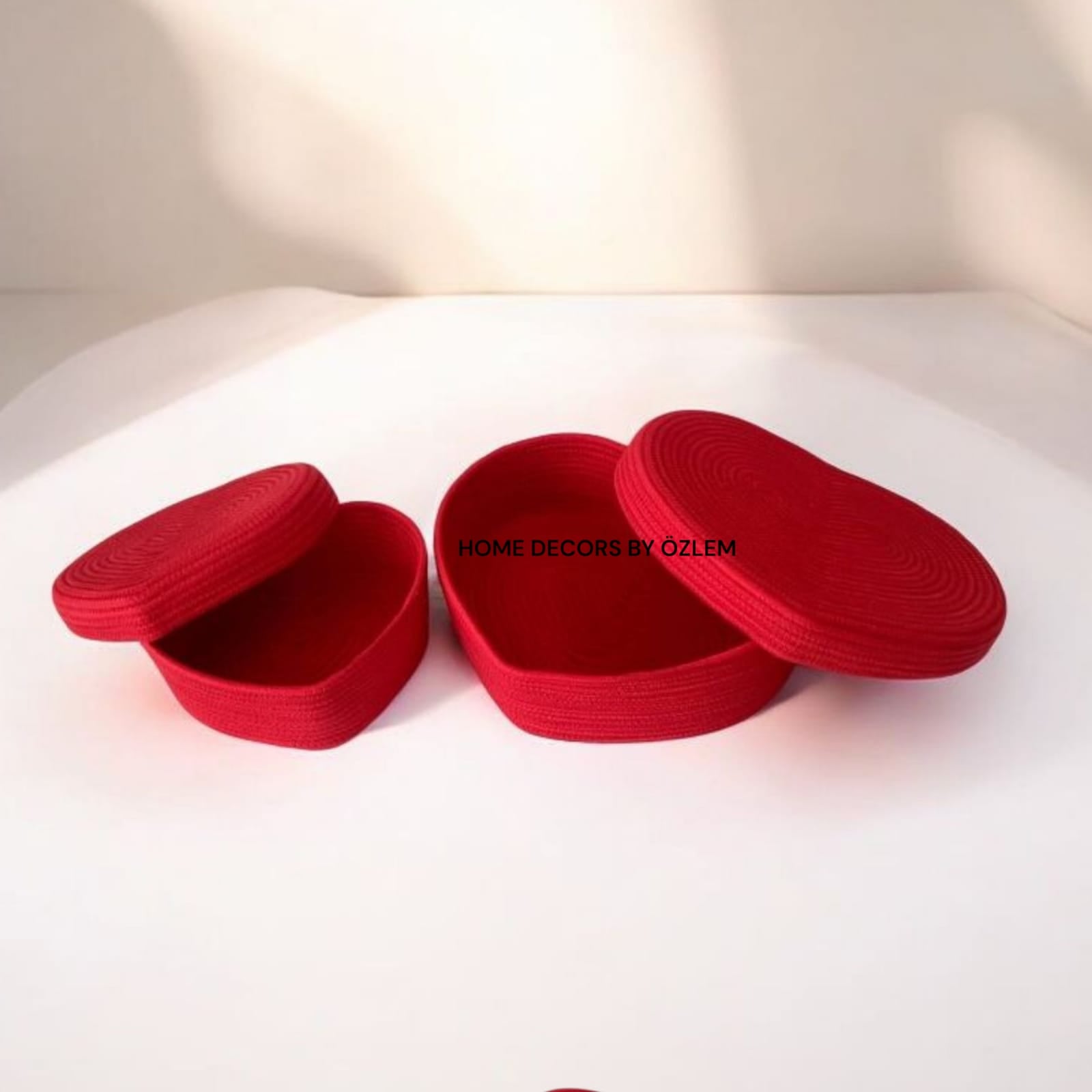 2'li Kapaklı Kırmızı Kalp Sepet Kapaklı Sepet Organizer Düzenleyici El Emeği Handmade Hasır Sepet Dekorasyon - 34x25cm/27x20cm